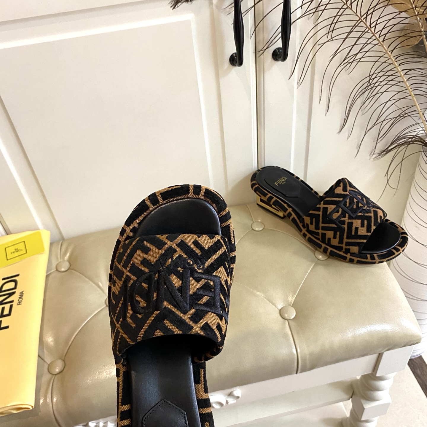 Fendi Women's FF Logo Fabric Slide Sandals with Leather Sole, 4.5cm Heel 9 i1741693604118 6774 0 8