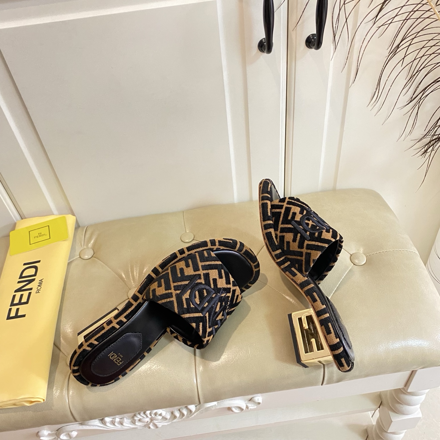 Fendi Women's FF Logo Fabric Slide Sandals with Leather Sole, 4.5cm Heel 8 i1741693605260 746 0 7