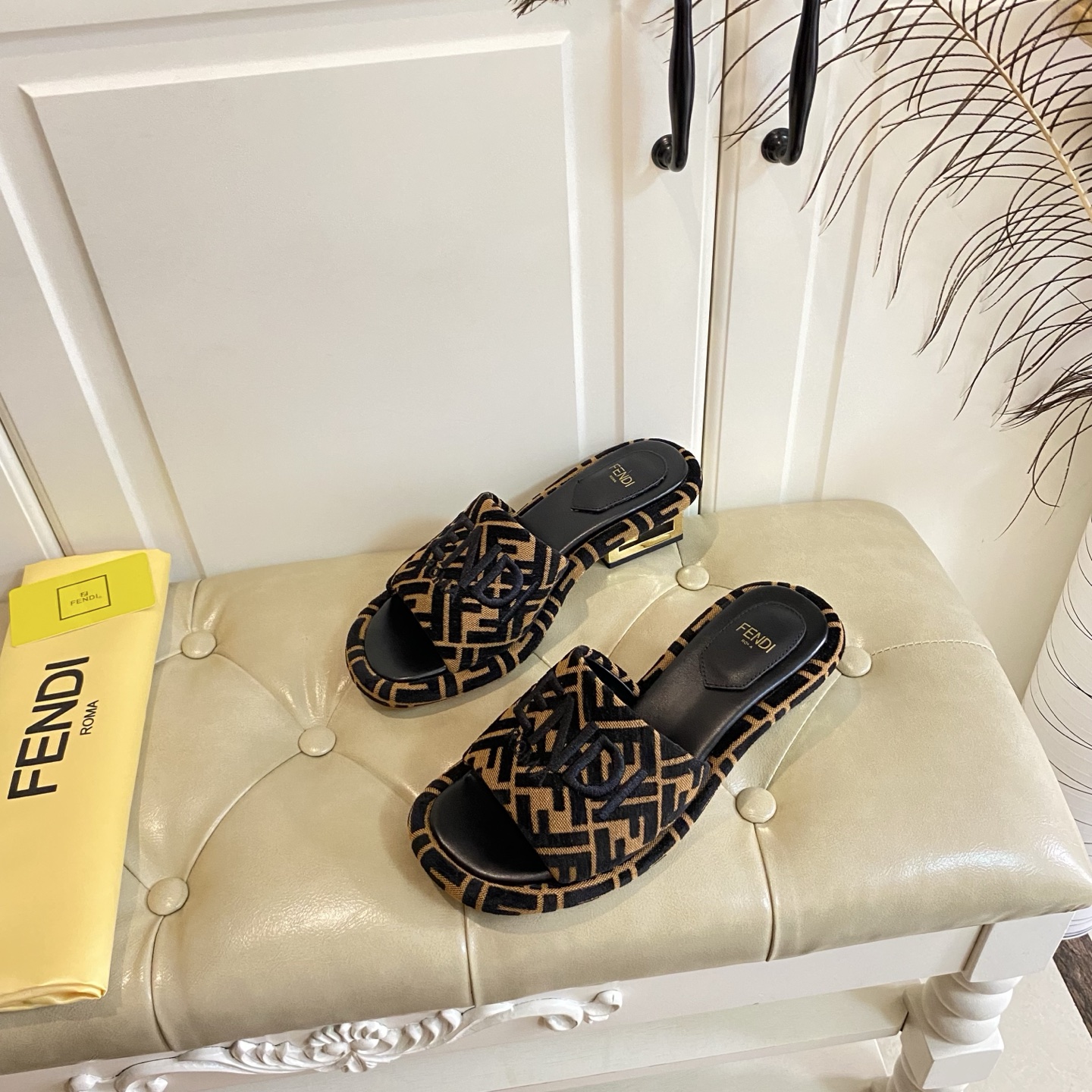 Fendi Women's FF Logo Fabric Slide Sandals with Leather Sole, 4.5cm Heel 3 i1741693605362 9238 0 2