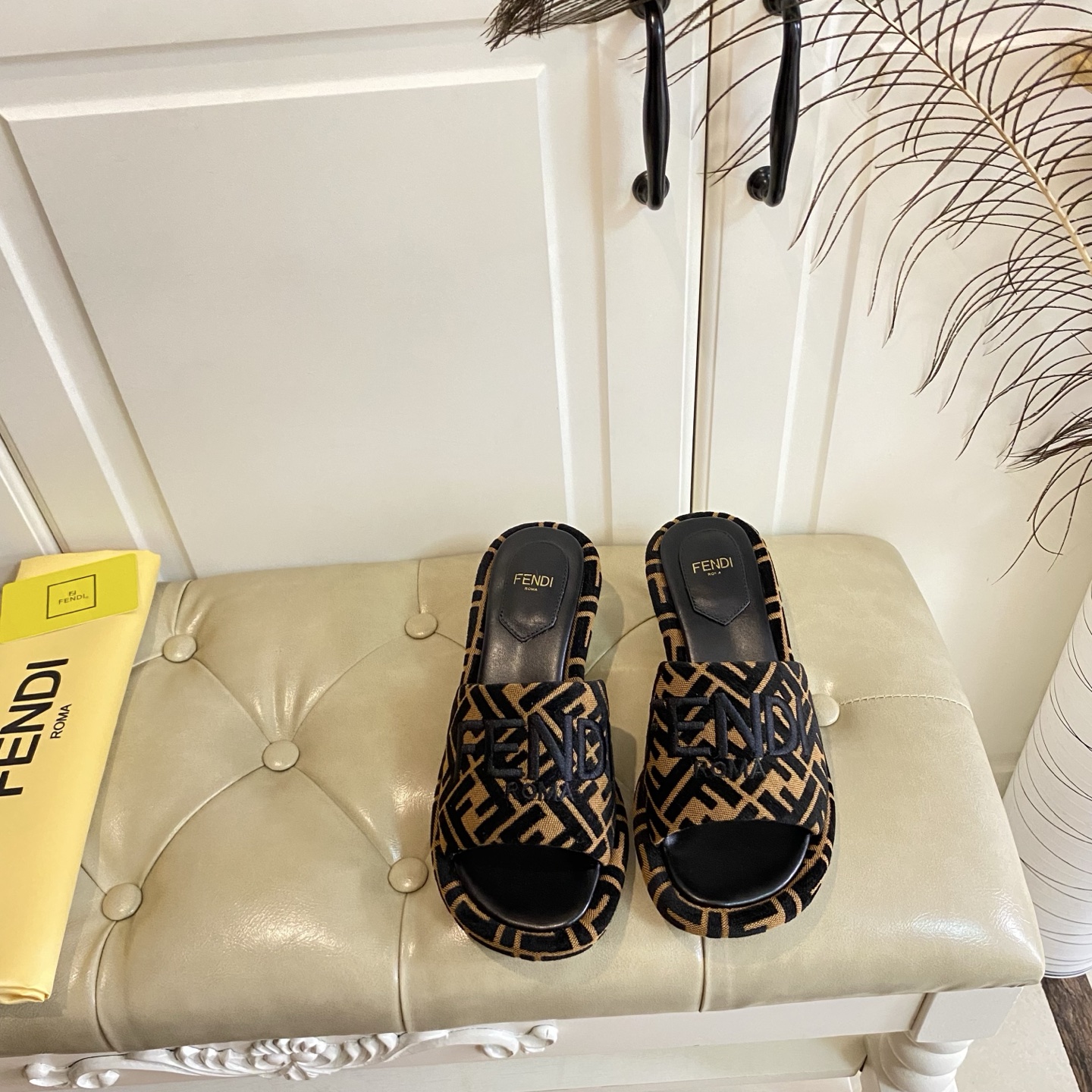 Fendi Women's FF Logo Fabric Slide Sandals with Leather Sole, 4.5cm Heel 4 i1741693605375 2380 0 3