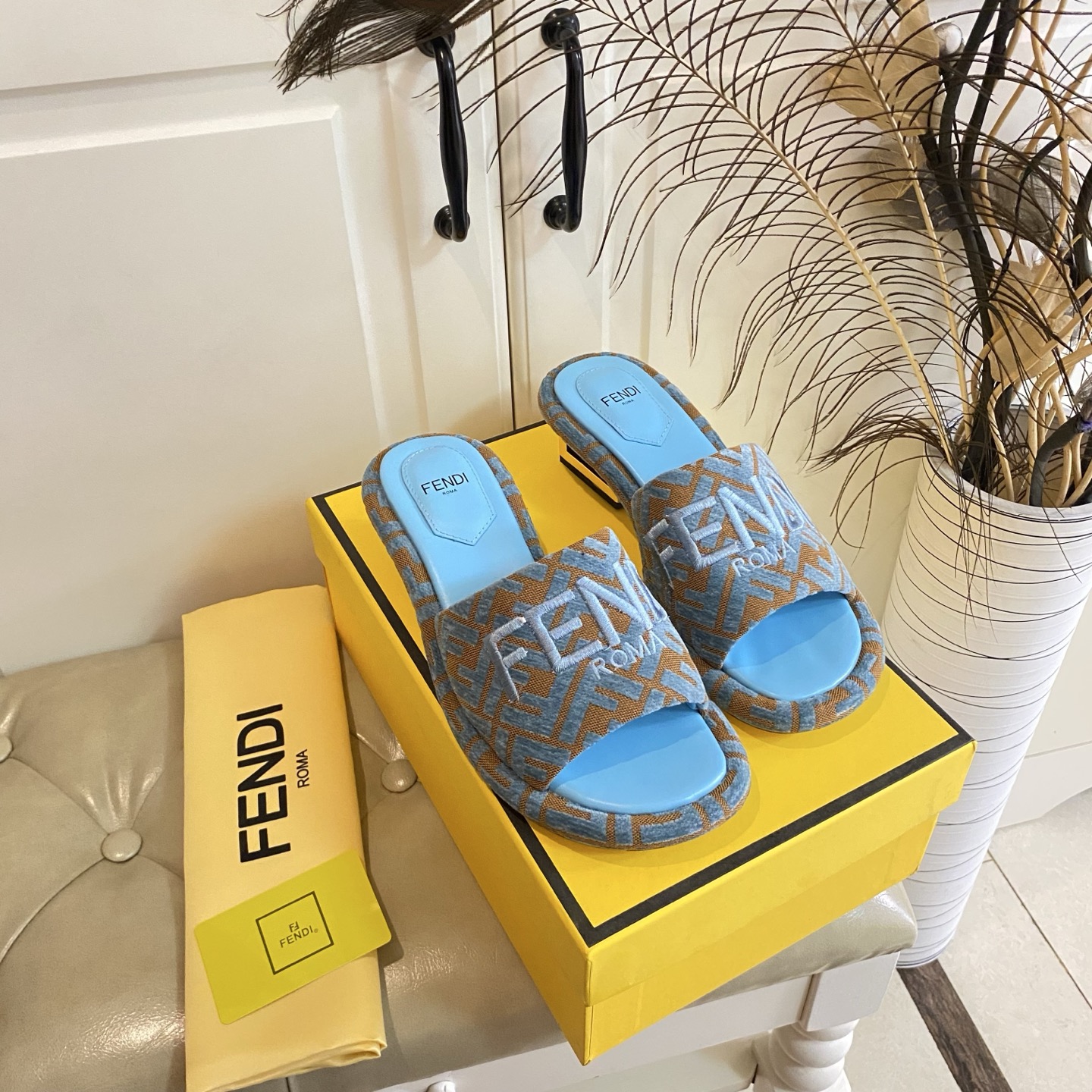 Fendi FF Fabric Heeled Mules Slides with Leather Sole - Blue 5 i1741693881215 9062 0 4