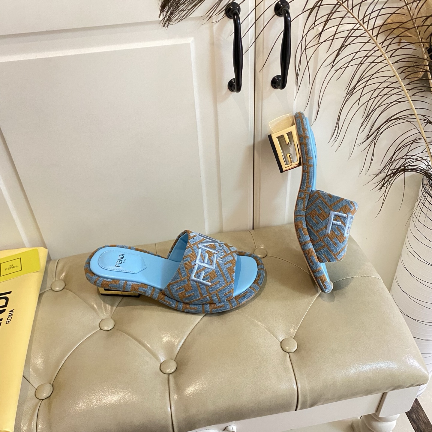 Fendi FF Fabric Heeled Mules Slides with Leather Sole - Blue 7 i1741693881359 8053 0 6