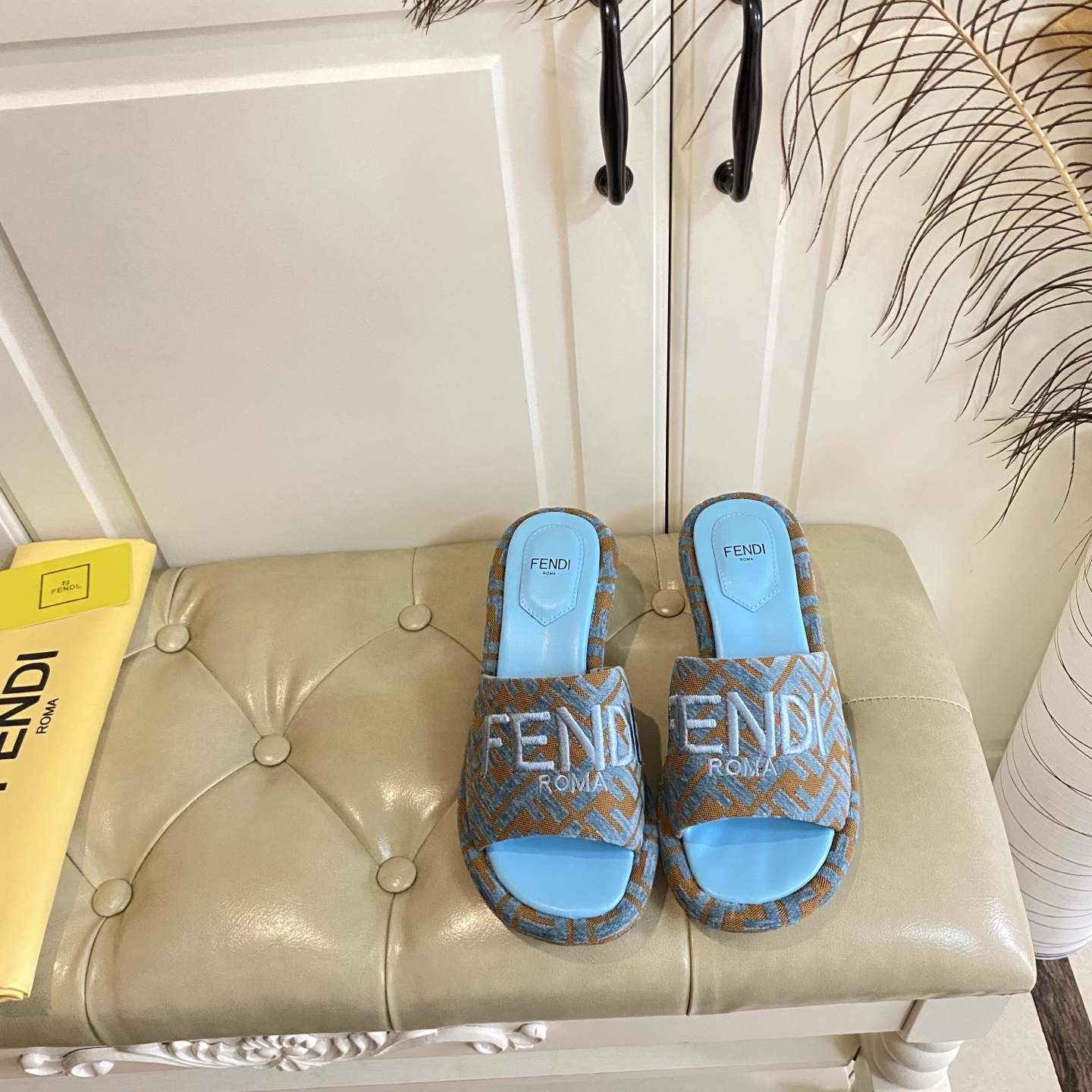 Fendi FF Fabric Heeled Mules Slides with Leather Sole - Blue 4 i1741693881406 4136 0 3
