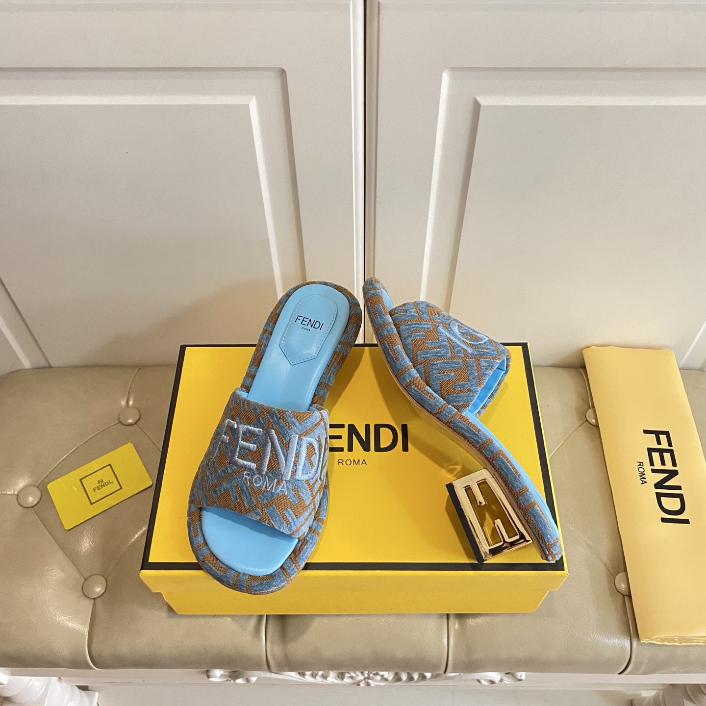 Fendi FF Fabric Heeled Mules Slides with Leather Sole - Blue 2 i1741693882448 6471 0 1