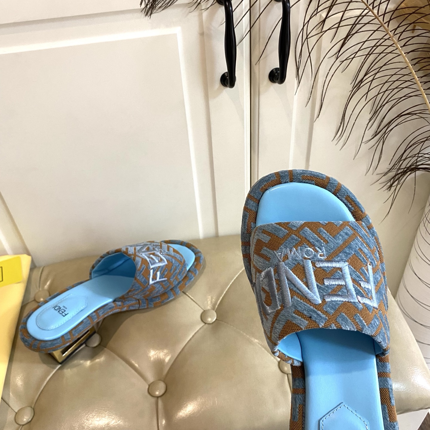 Fendi FF Fabric Heeled Mules Slides with Leather Sole - Blue 9 i1741693882539 1303 0 8