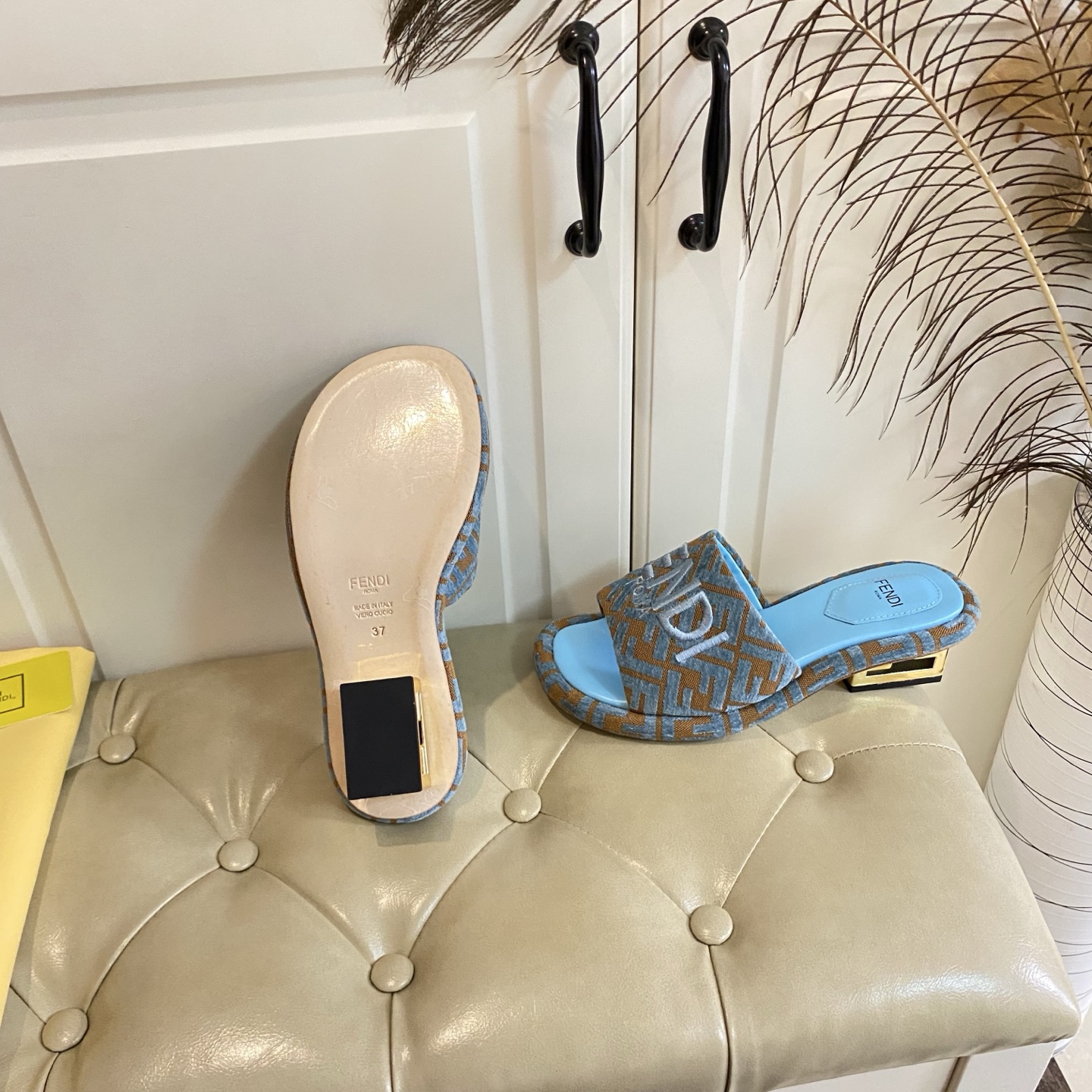 Fendi FF Fabric Heeled Mules Slides with Leather Sole - Blue 8 i1741693882570 554 0 7