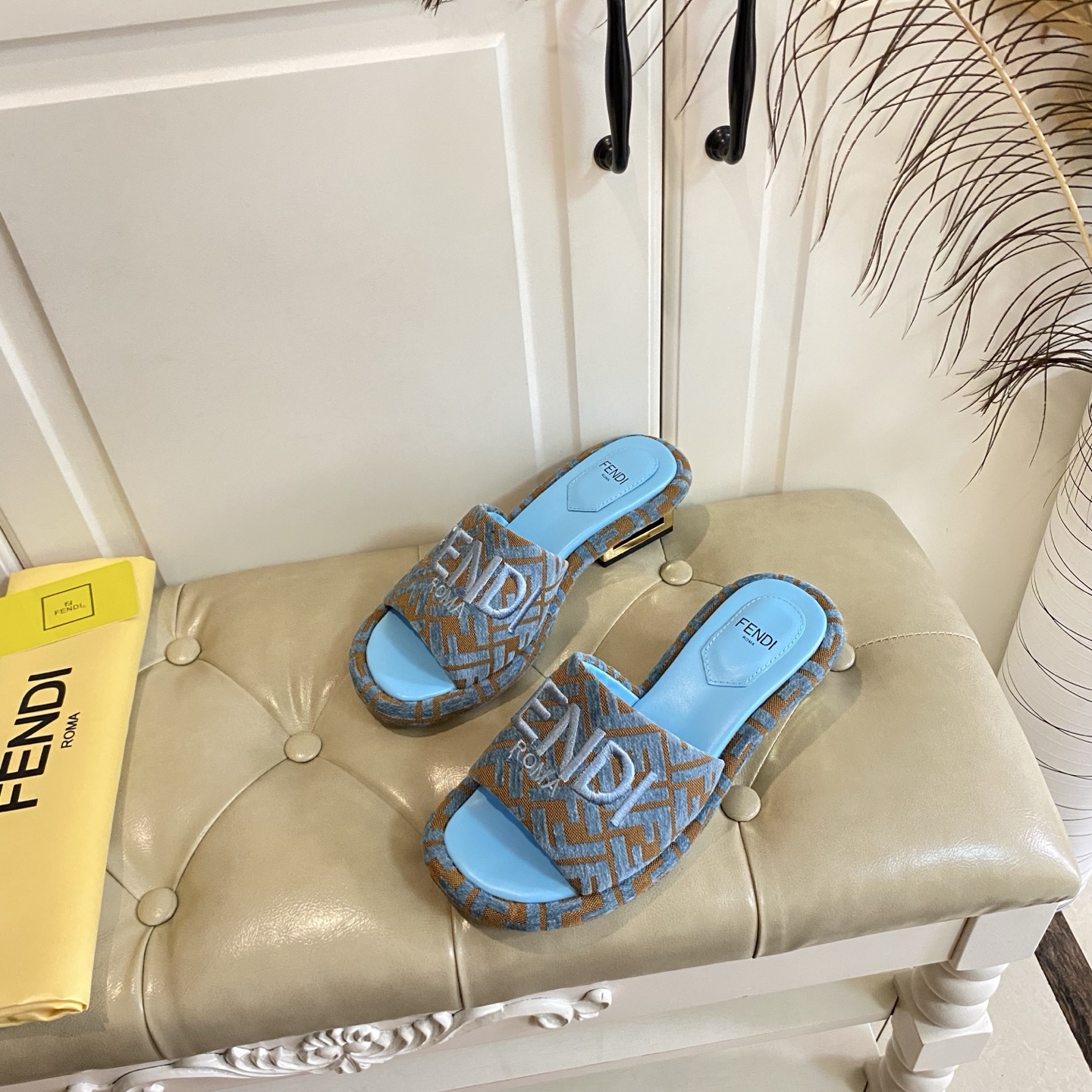 Fendi FF Fabric Heeled Mules Slides with Leather Sole - Blue 3 i1741693882576 8984 0 2