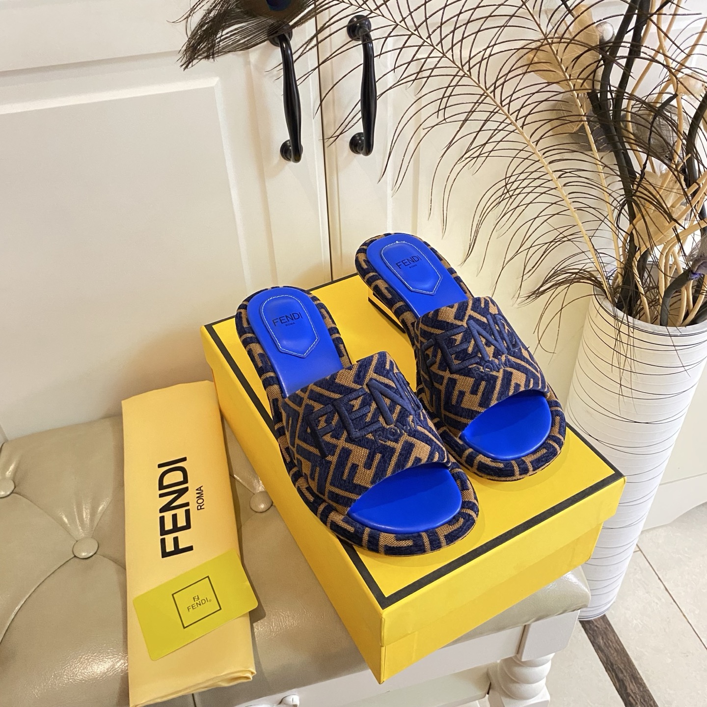 Fendi FF Logo Fabric Heeled Slides with Leather Sole - Stylish and Comfortable 5 i1741693993473 5136 0 4