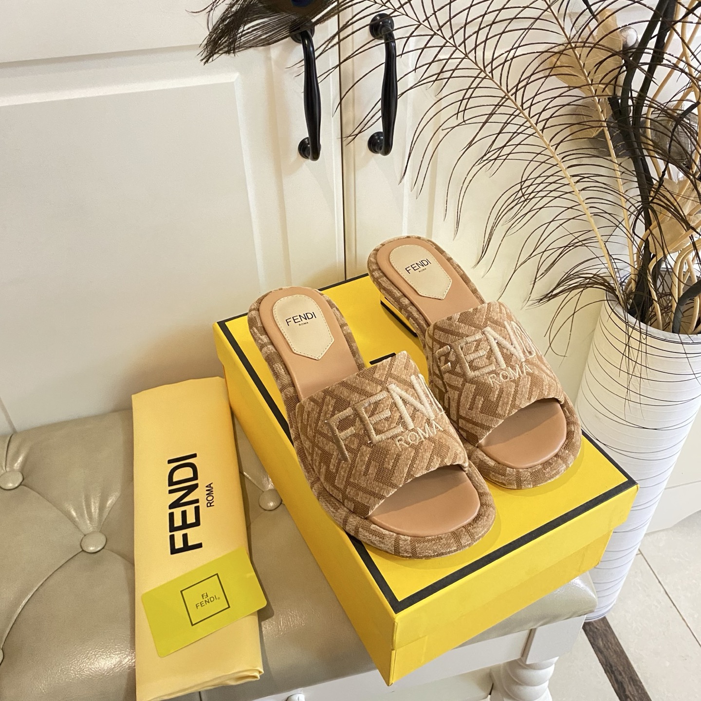 Fendi Women's FF Fabric Heeled Slide Sandals with Embroidered Logo 5 i1741694043520 2851 0 4