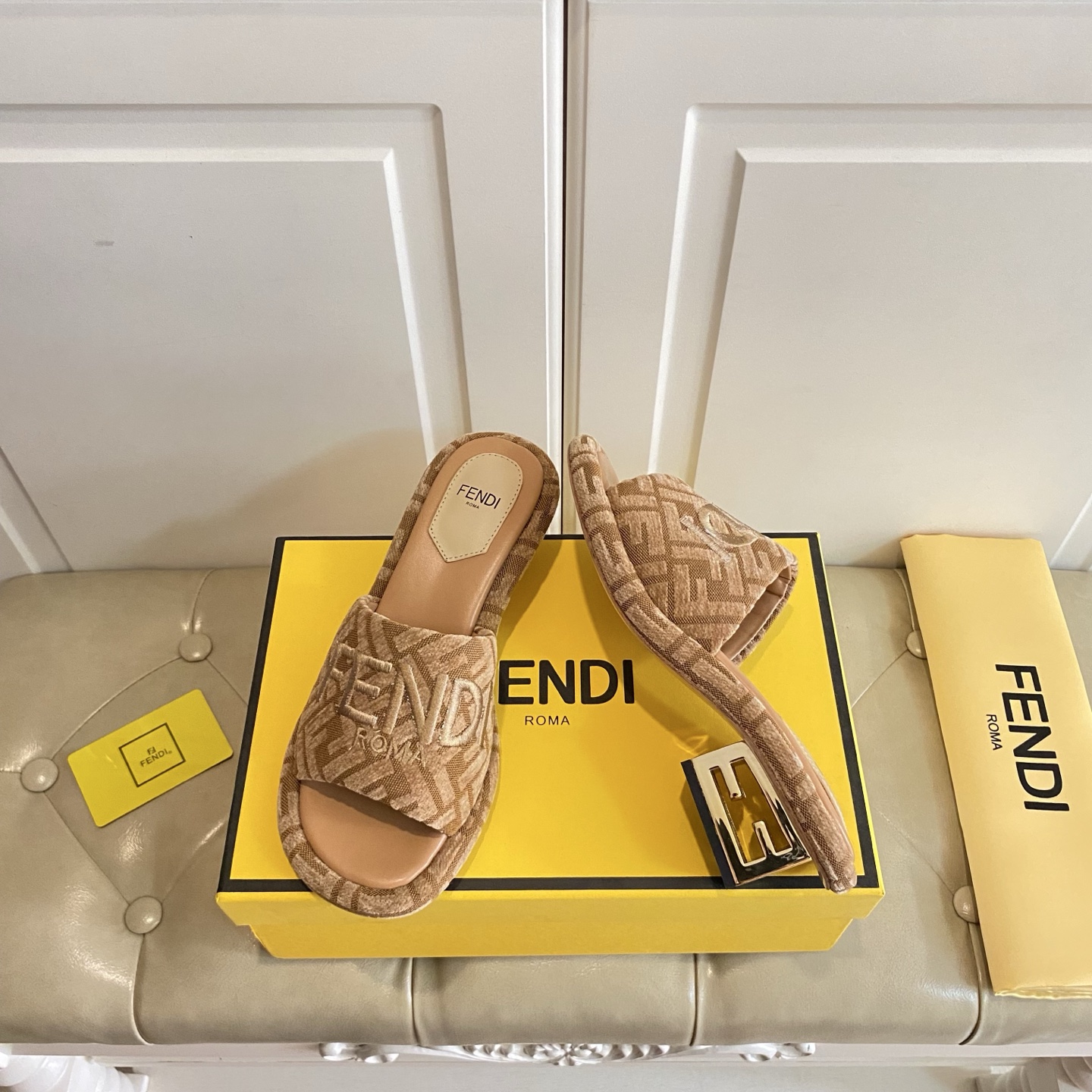 Fendi Women's FF Fabric Heeled Slide Sandals with Embroidered Logo