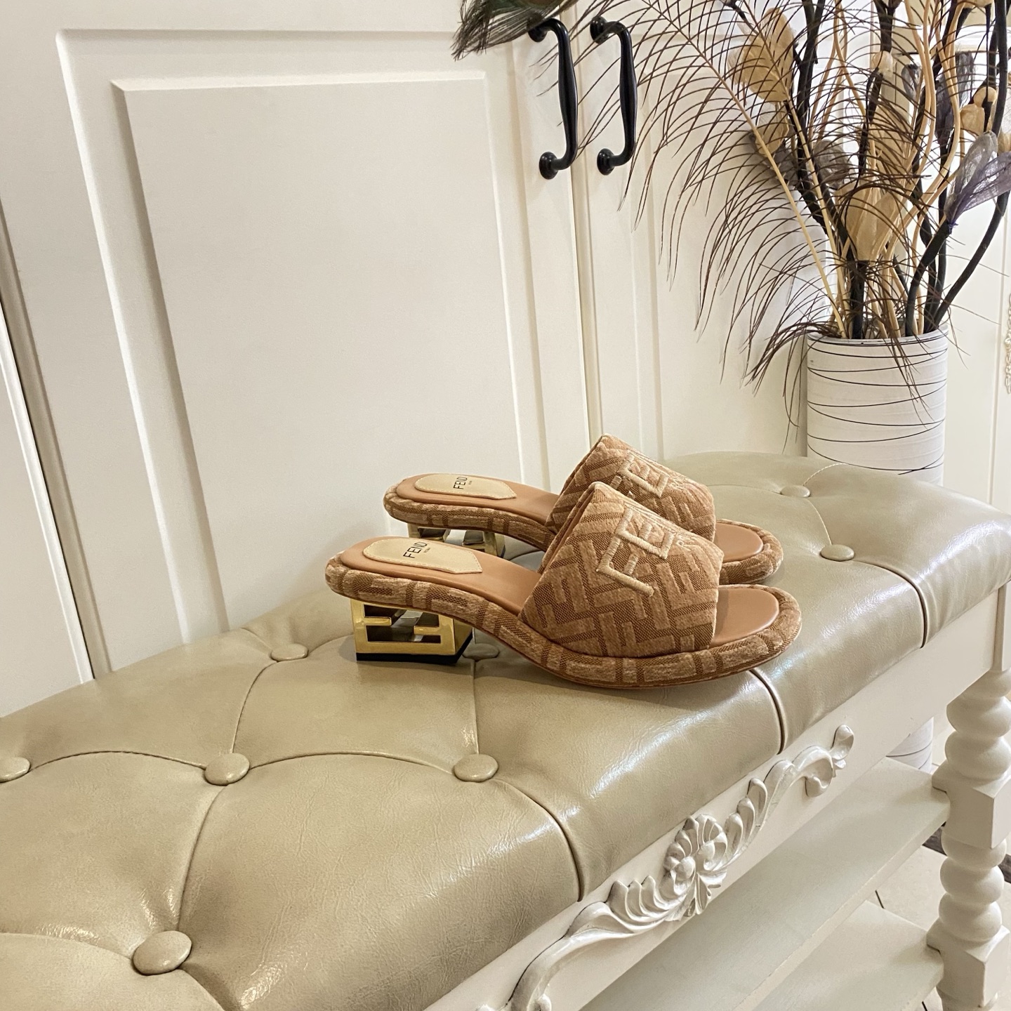 Fendi Women's FF Fabric Heeled Slide Sandals with Embroidered Logo 6 i1741694043661 8711 0 5