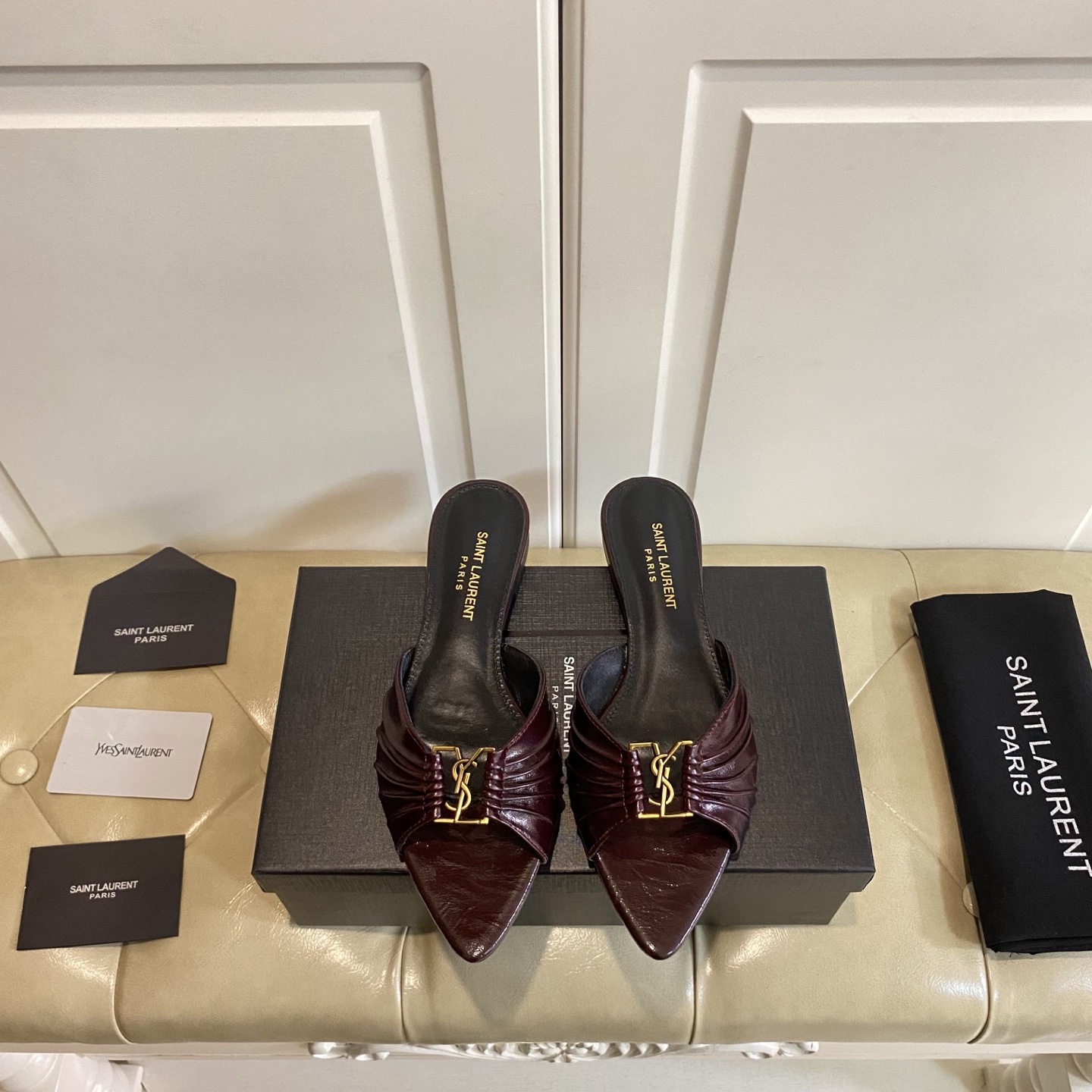 Yves Saint Laurent Pointed Toe Mules in Leather with Gold-Tone Hardware 1 Yves Saint Laurent Pointed Toe Mules in Leather with Gold-Tone Hardware