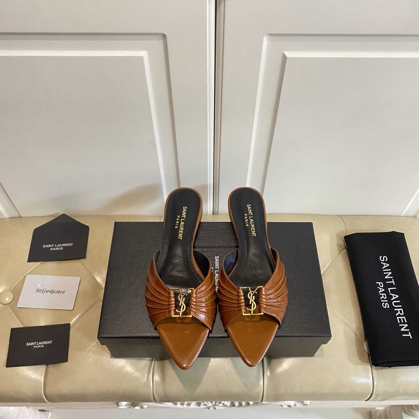 Yves Saint Laurent Pointed Toe Mules in Brown Leather, Multiple Heights 1 Yves Saint Laurent Pointed Toe Mules in Brown Leather, Multiple Heights