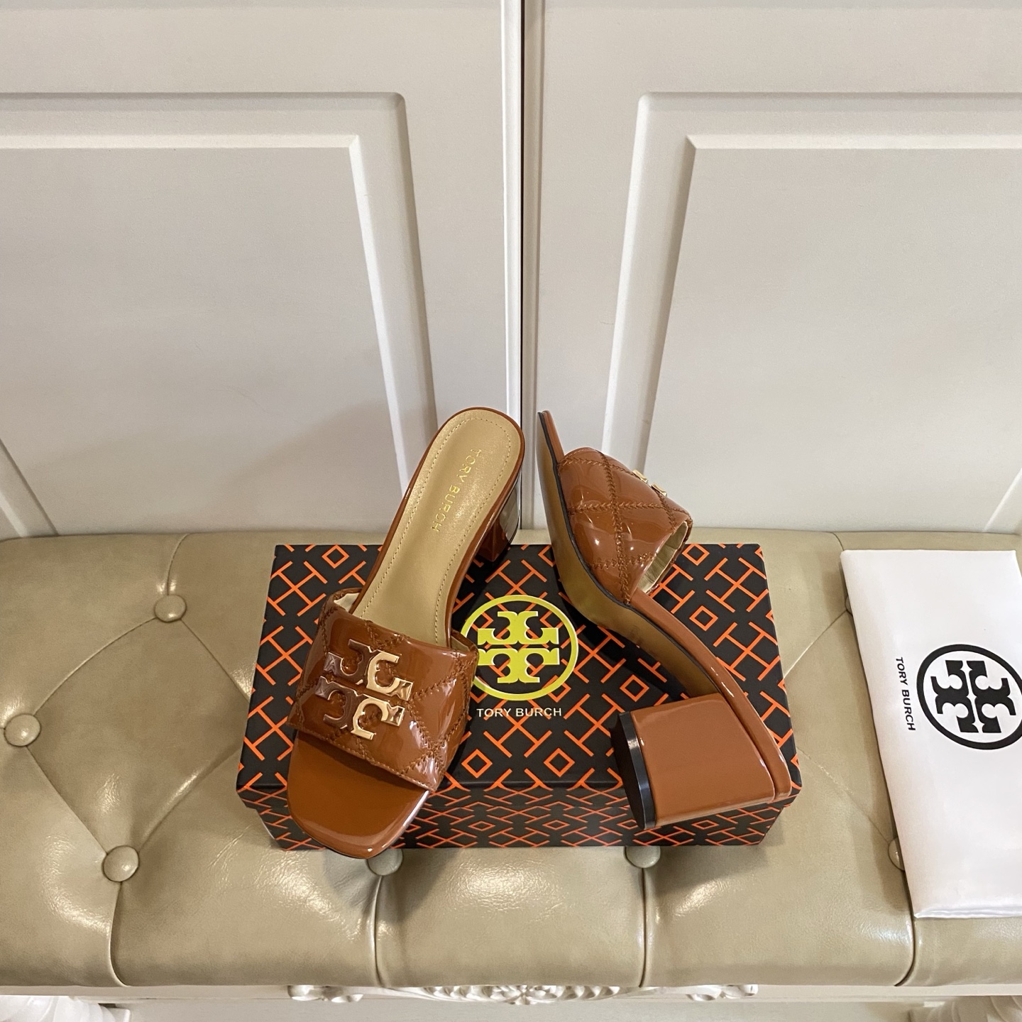 Tory Burch Women's Brown Leather Block Heel Sandals Slides Size 35-40