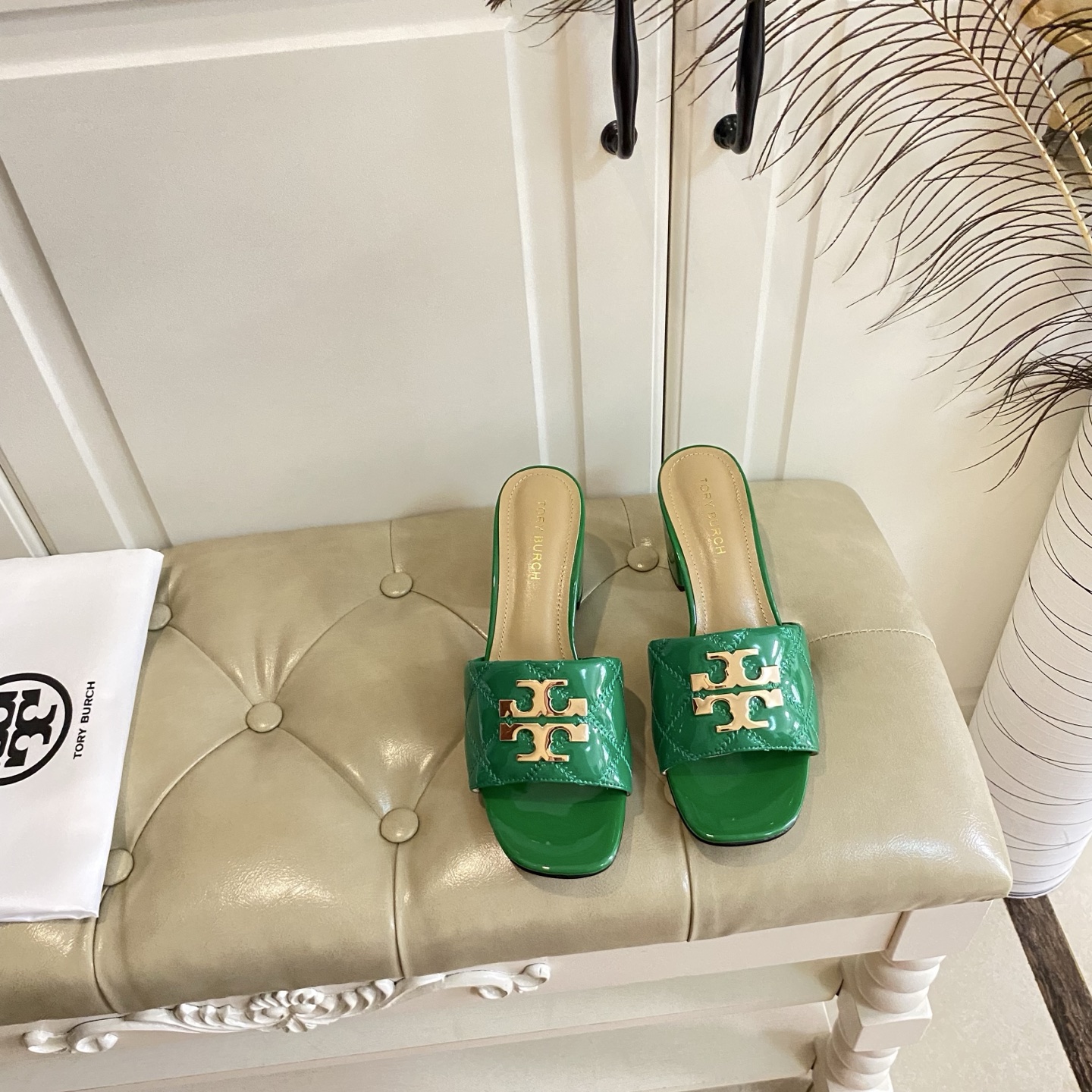 Tory Burch Green Quilted Patent Leather Heeled Sandals Mules Slides 4 i1758297703603 5278 0 3