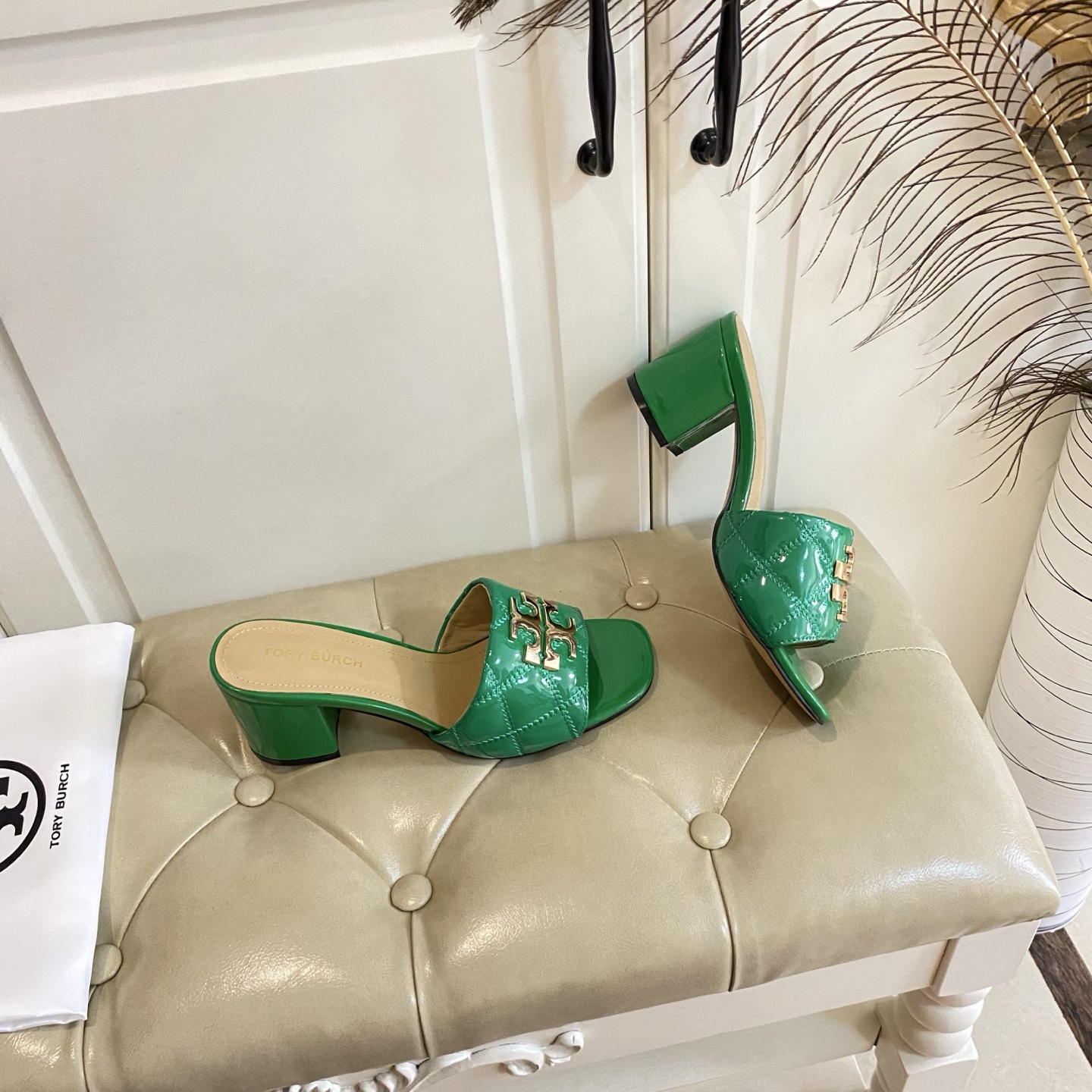 Tory Burch Green Quilted Patent Leather Heeled Sandals Mules Slides 7 i1758297703675 6800 0 6
