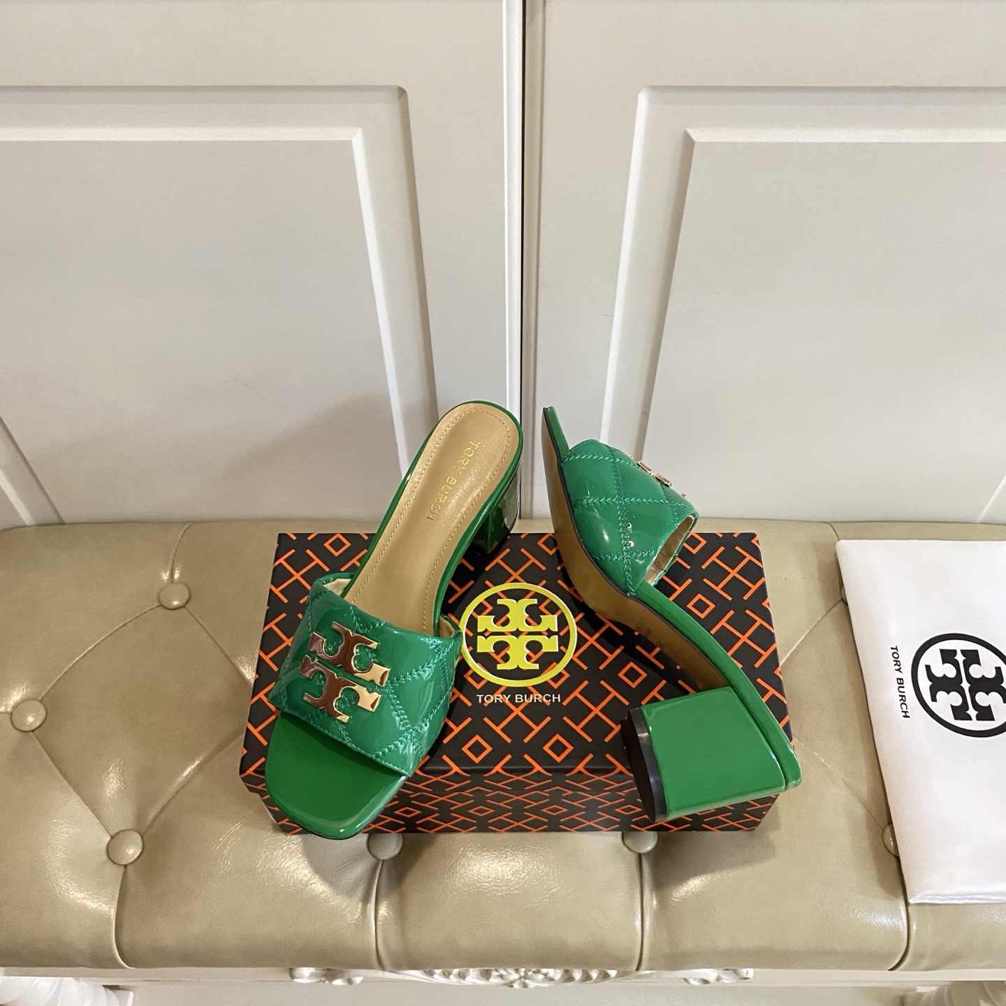 Tory Burch Green Quilted Patent Leather Heeled Sandals Mules Slides 2 i1758297705181 2408 0 1