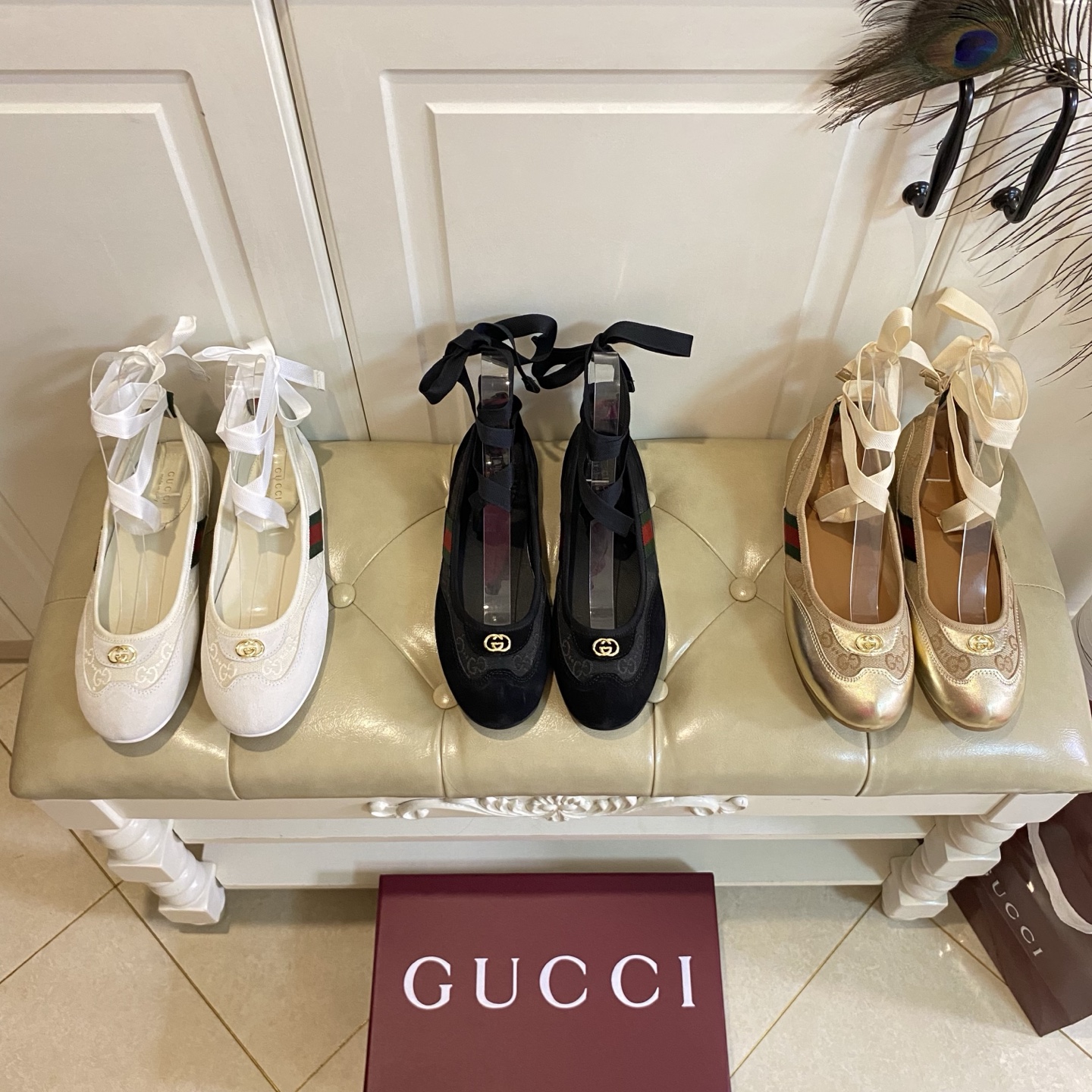 NO:815583,, Gucci lightweight shoes, one shoe for two wear, removable straps, sheepskin / suede / classic cloth color matching surface, sheepskin lining, size 35-40, ballet shoes, gucci, sheepskin19860909,古奇Gucci轻搭鞋,一鞋两穿,绑带可卸,羊皮/反绒/经典布拼色面,羊皮里,35-40码,芭蕾舞鞋,gucci,sheepskin,Women's Shoes