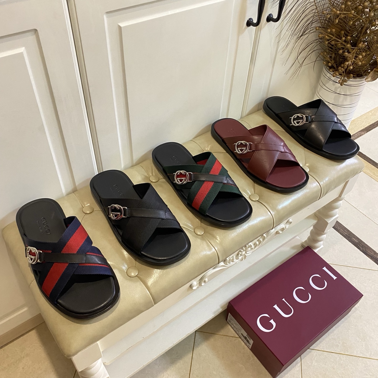 GUCCI Mens Web Criss Cross Slides