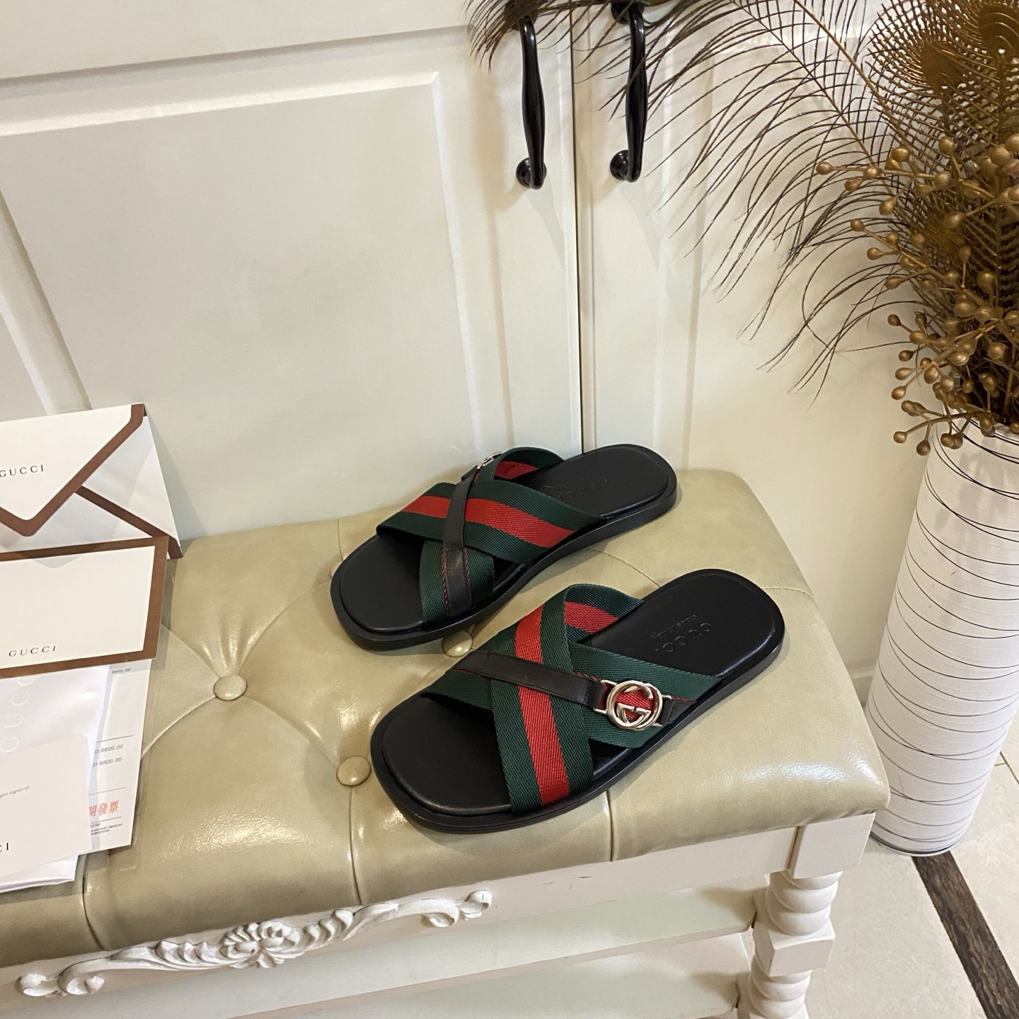 GUCCI Mens Web Criss Cross Slides