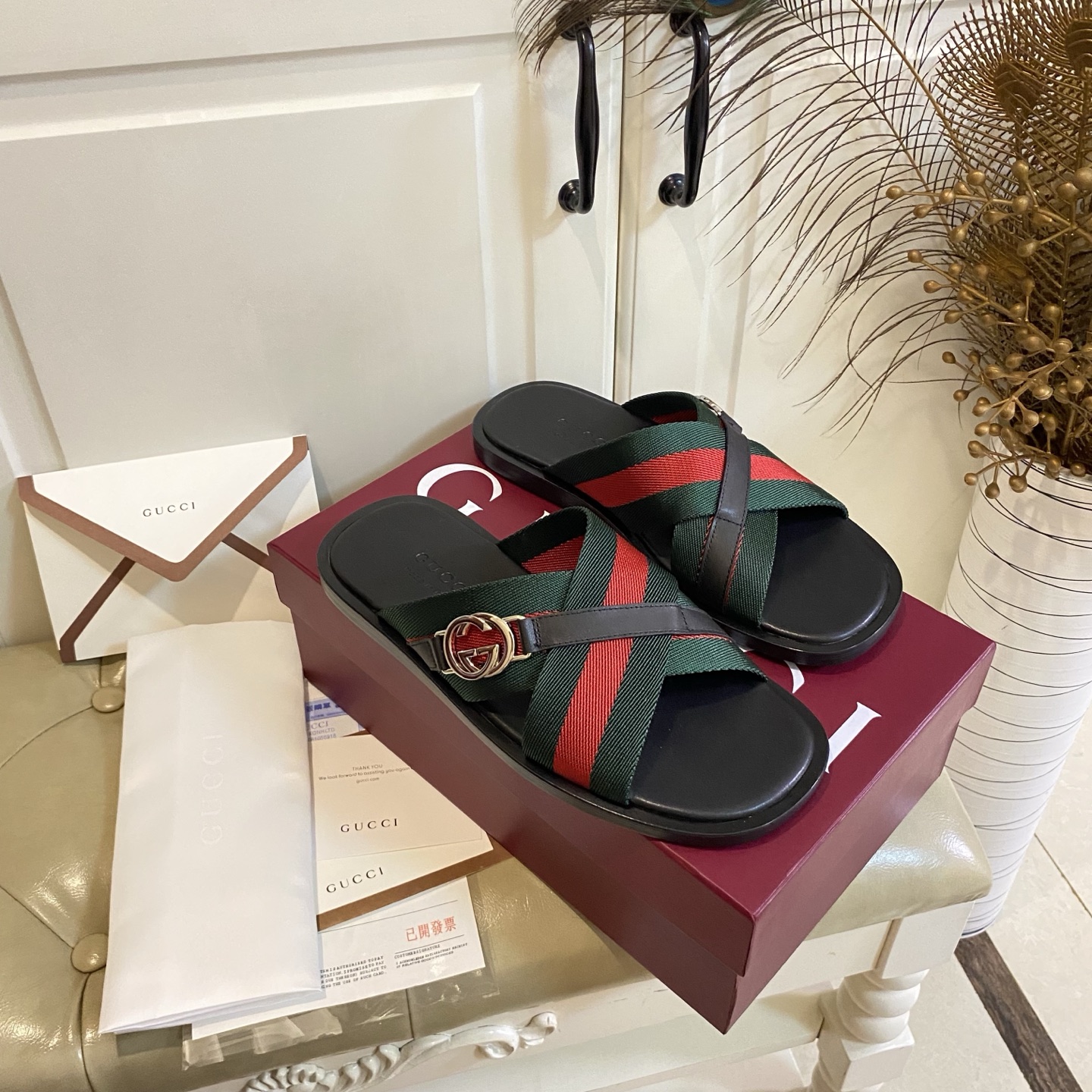 GUCCI Mens Web Criss Cross Slides