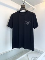Prada Clothing T-Shirt Black White Printing Cotton Mercerized Spring Collection Fashion Short Sleeve