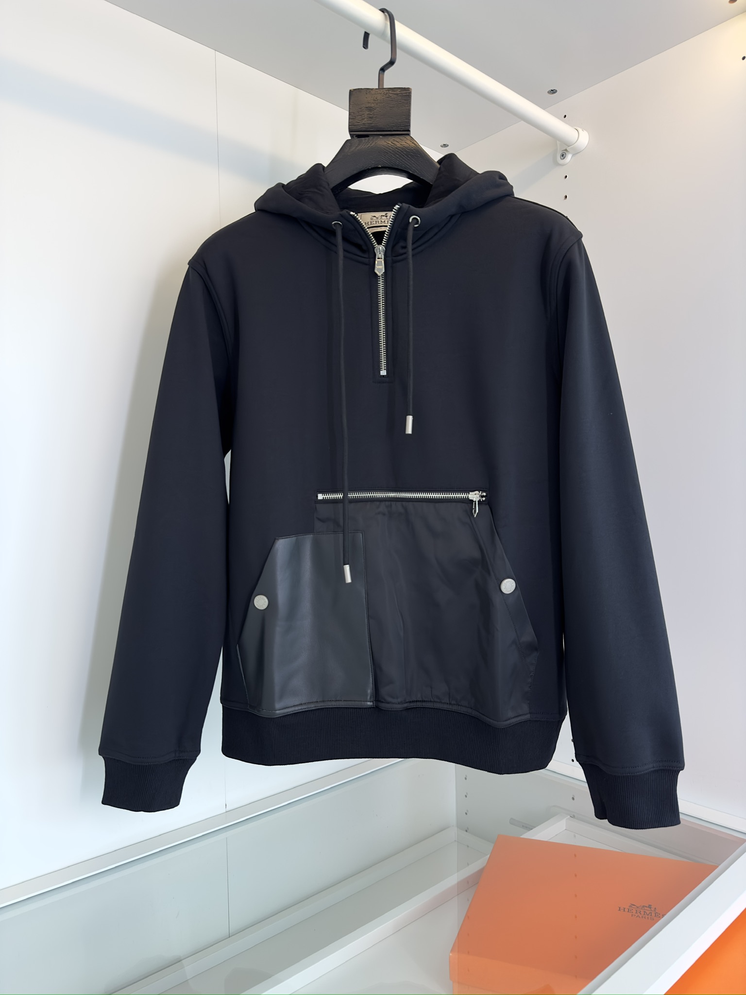 Hermes Clothing Hoodies Black Grey Splicing Men Fabric Nylon Fall/Winter Collection Hooded Top