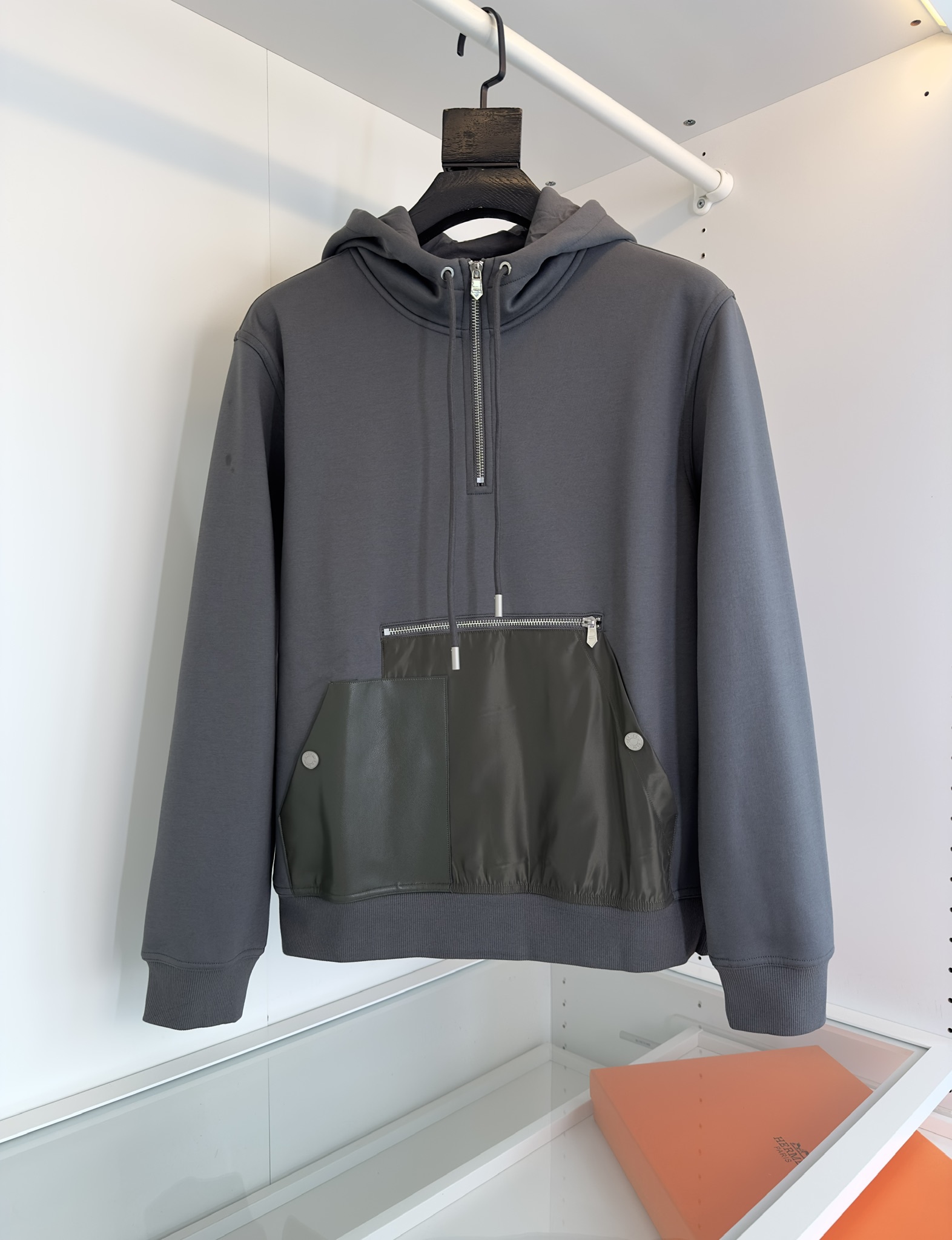 Hermes Clothing Hoodies Black Grey Splicing Men Fabric Nylon Fall/Winter Collection Hooded Top