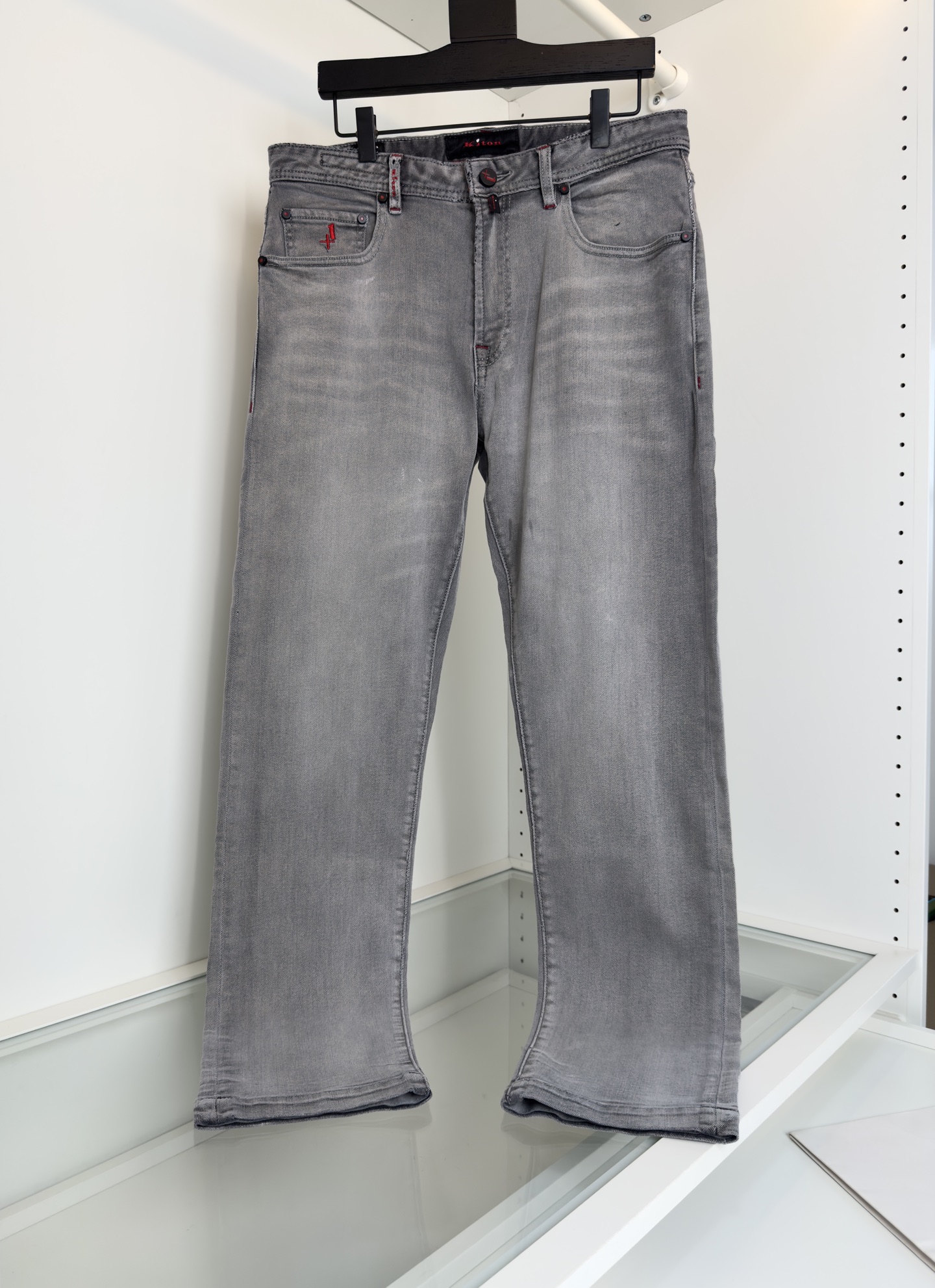 Kiton Heren Jeans Grijs Gewassen Klassiek Vijfzaksmodel Katoen Stretch Comfortabel