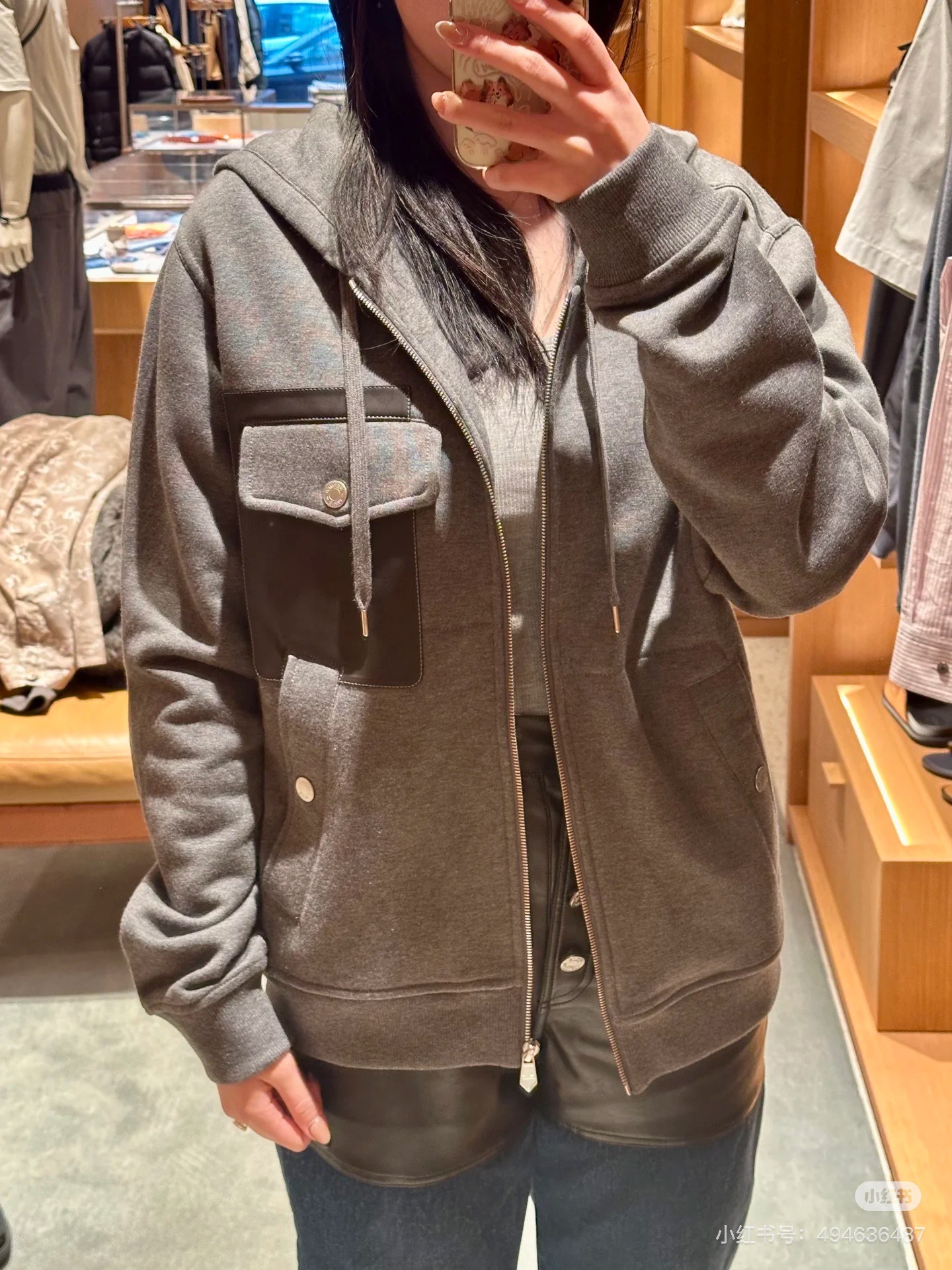 Hermes Men's Gray Zip-Up Hoodie with Leather Pocket Detail - Modern Style 4 i1753782089183 1124 0 2