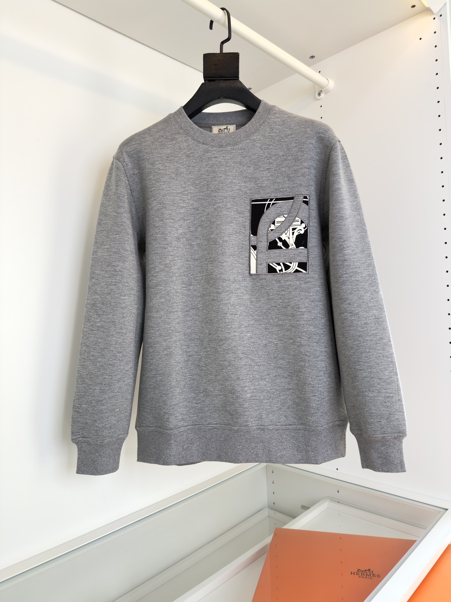Hermès Men's Gray Cotton Sweatshirt with Embroidered Library Stamp Detail