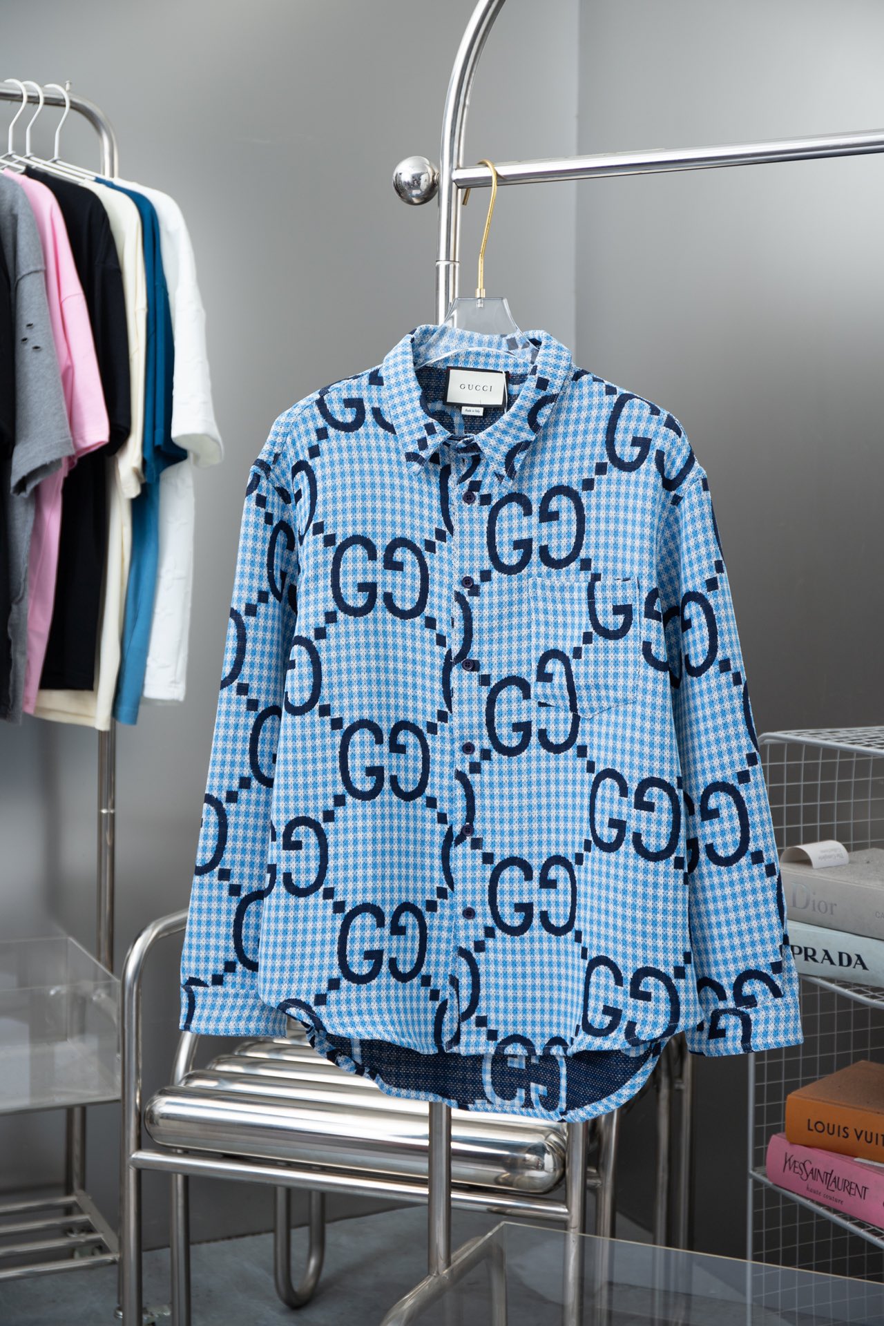 Alta calidad GU 24 nueva primavera camisa de manga larga, camisa de manga larga de cuadros finos azules, tela jacquard …