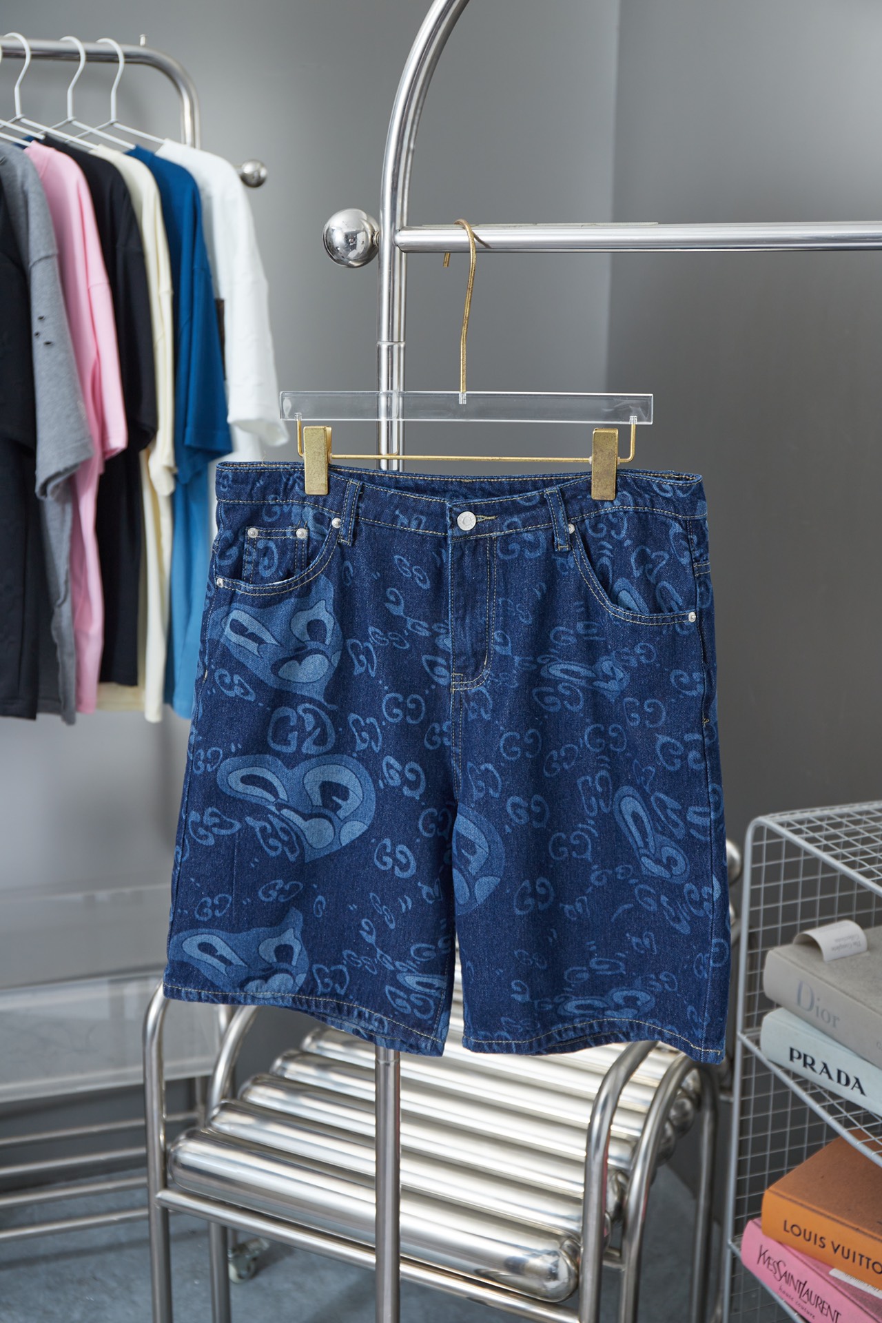 Alta calidad Guc*i 2024SS nueva primavera/verano, pantalones cortos de mezclilla lavada doble G, tela de mezclilla deni…