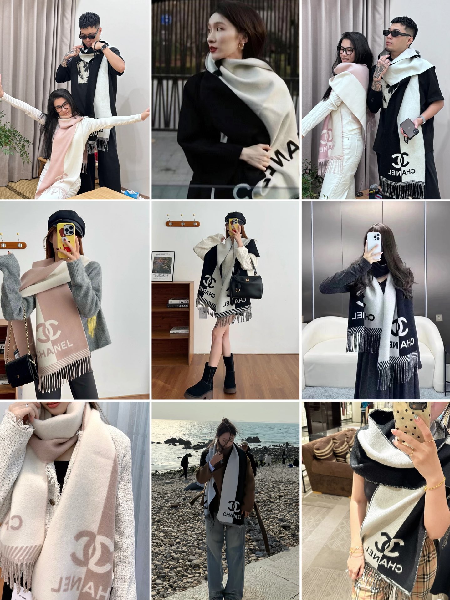 图片[7]-S# Chanel 香奈儿 双C羊绒流苏围巾 高端零售专供 原版开发 品质保证 100％放心出街 面积大可作披风佩戴 香奈儿黑白围巾 材质：90%羊毛10%羊绒 AB可以双面佩戴 搭配无敌手面料是抗风的羊绒混纺 又暖又高级加分 围巾多多益善 戴一个冬天都超值到没朋友 柔软中带着光滑手感质地非常轻薄 和平时的围巾不一样 双面异色提花 两面完全相反的颜色及图案 设计真的非常走心，超大品牌LOGO与双C拼色点缀整条围巾 高级美美丽奴初剪羊毛，作为羊毛界的天花板，半点不扎，温柔有质感 百搭不挑人！注意 ⚠清洗建议：由于羊毛的材质特性，尽量干洗，尽量干洗，暴力机洗会出现缩水情况 ！如果觉得干洗，一次太贵，有耐心的朋友也可以手洗，一定要冷水，且不能手搓！清洗后第一时间压干（不会滴水的程度）不能拧干！不能拧干！-选品中心