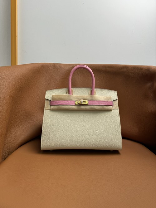 Elegant Birkin Style Handbag: Epsom Leather, Hand-Stitched, Milk White & Sakura Pink 1 Elegant Birkin Style Handbag: Epsom Leather, Hand-Stitched, Milk White & Sakura Pink