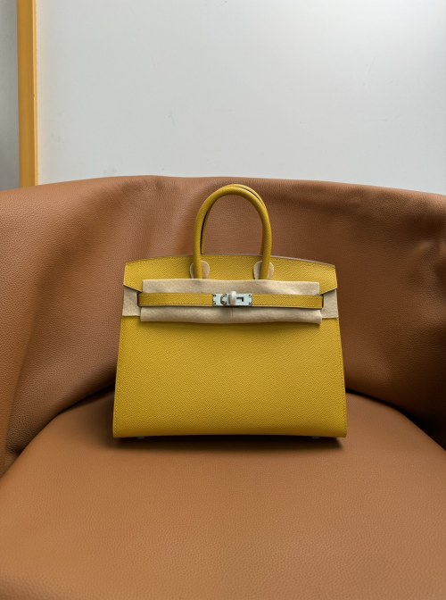 Elegant Epsom Leather Birkin Bag - Hand-stitched, Amber Yellow, 25/30cm 1 Elegant Epsom Leather Birkin Bag - Hand-stitched, Amber Yellow, 25/30cm