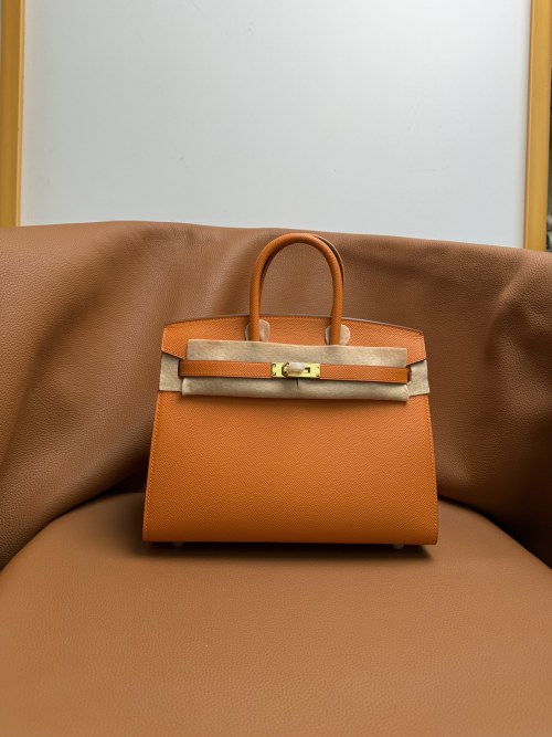 Elegant Birkin Style Epsom Leather Handbag, Hand-Stitched with Gold Hardware 1 Elegant Birkin Style Epsom Leather Handbag, Hand-Stitched with Gold Hardware