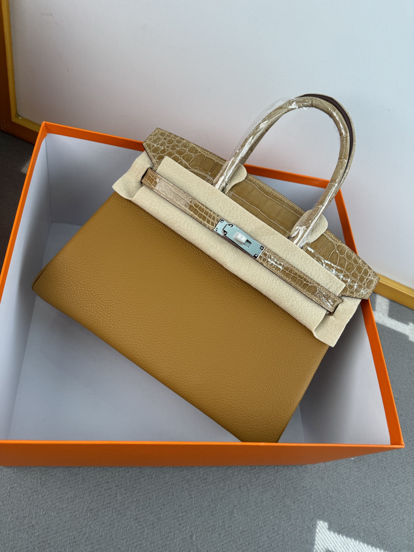 Birkin 30cm Touch Togo Leather with Shiny Crocodile in Dust Color, Silver Hardware 7 i1739700777277 5209 0 5