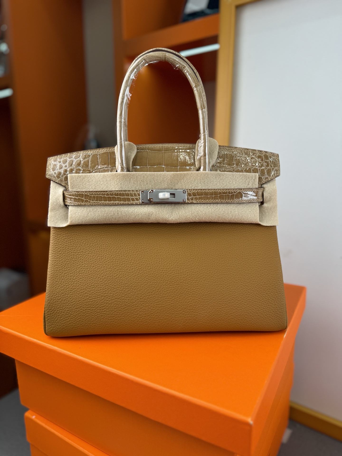 Birkin 30cm Touch Togo Leather with Shiny Crocodile in Dust Color, Silver Hardware 2 i1739700777548 6125 0 0