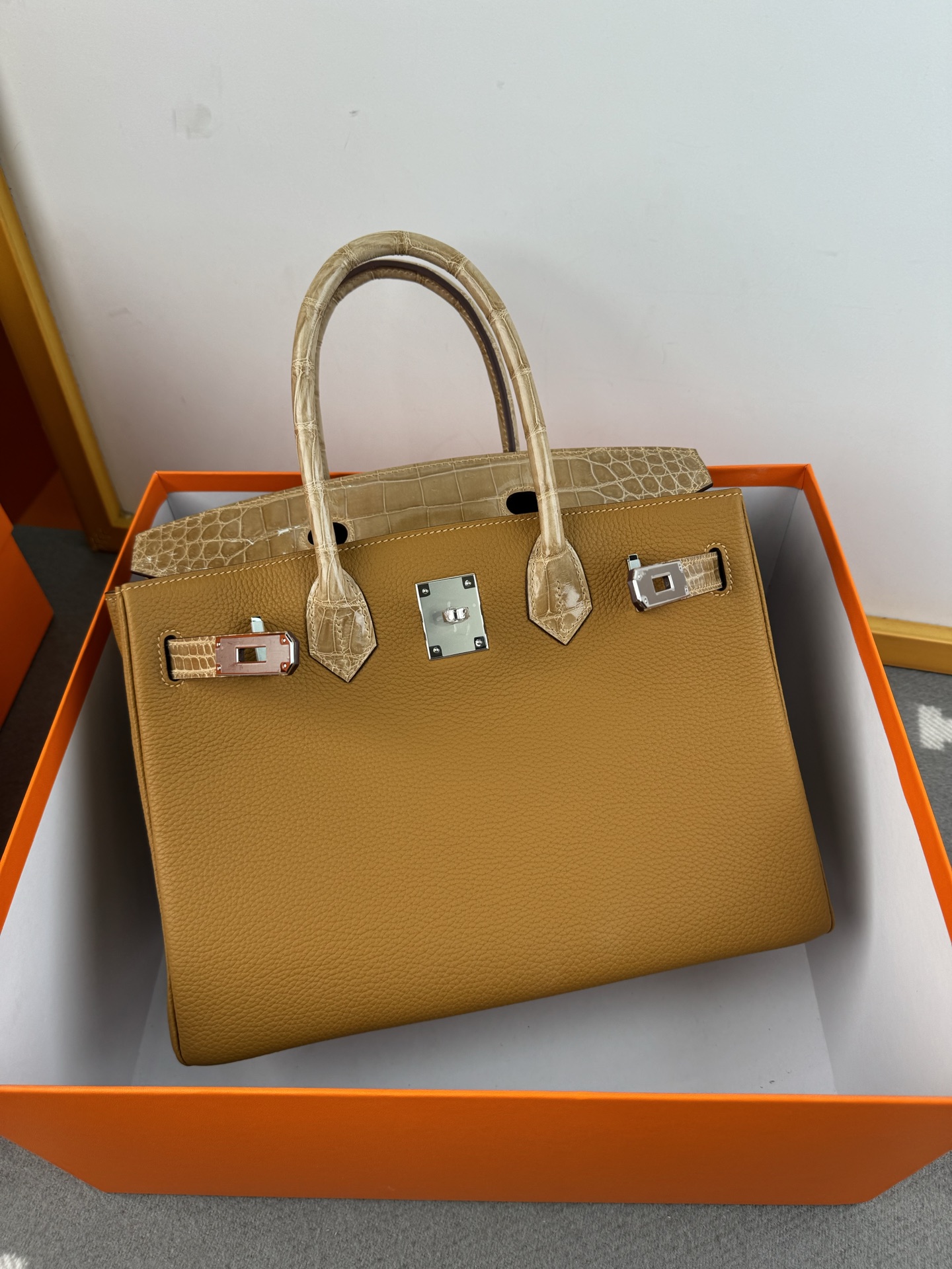 Birkin 30cm Touch Togo Leather with Shiny Crocodile in Dust Color, Silver Hardware 10 i1739700777578 2475 0 8