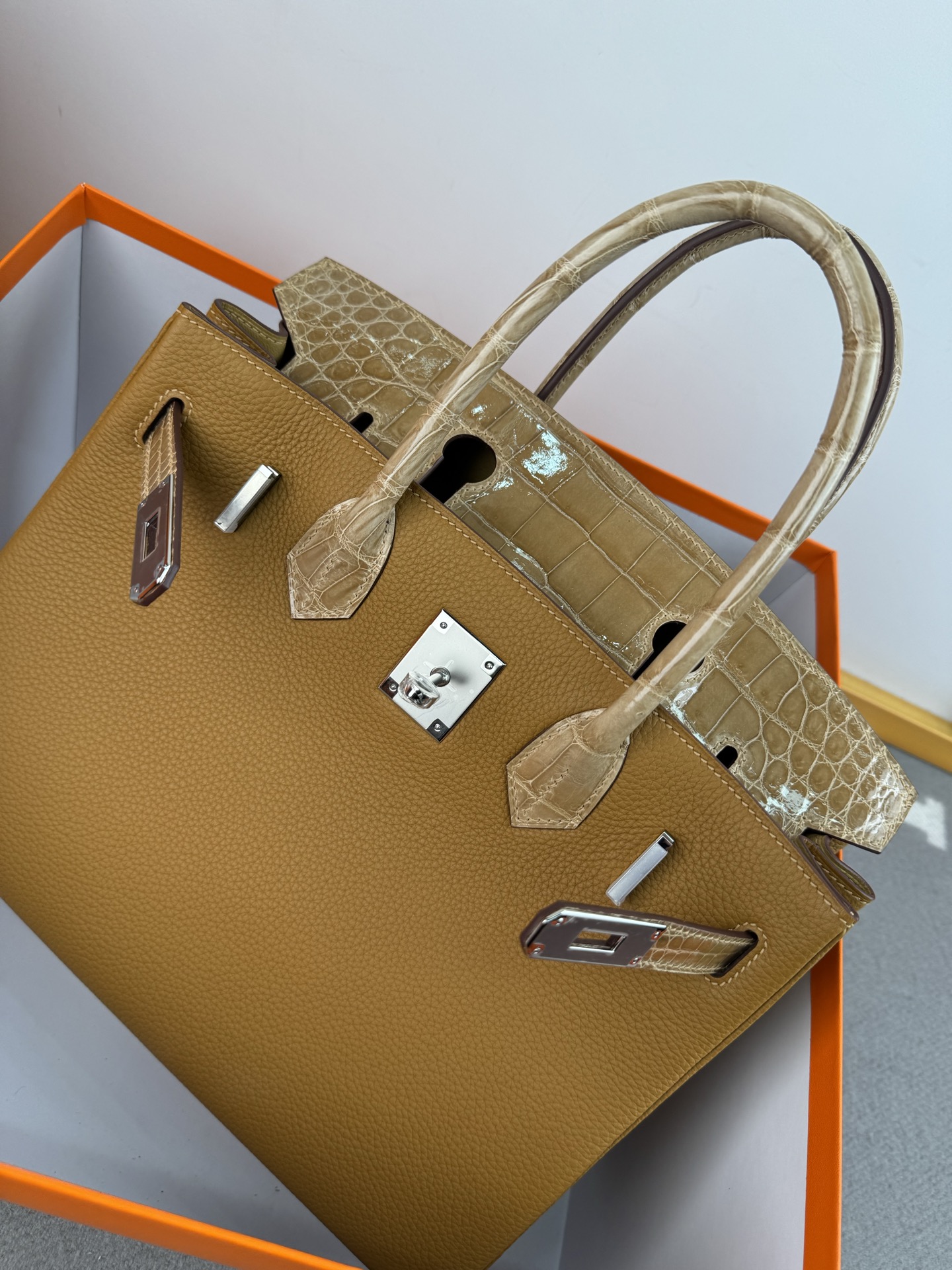 Birkin 30cm Touch Togo Leather with Shiny Crocodile in Dust Color, Silver Hardware 11 i1739700779588 4887 0 9