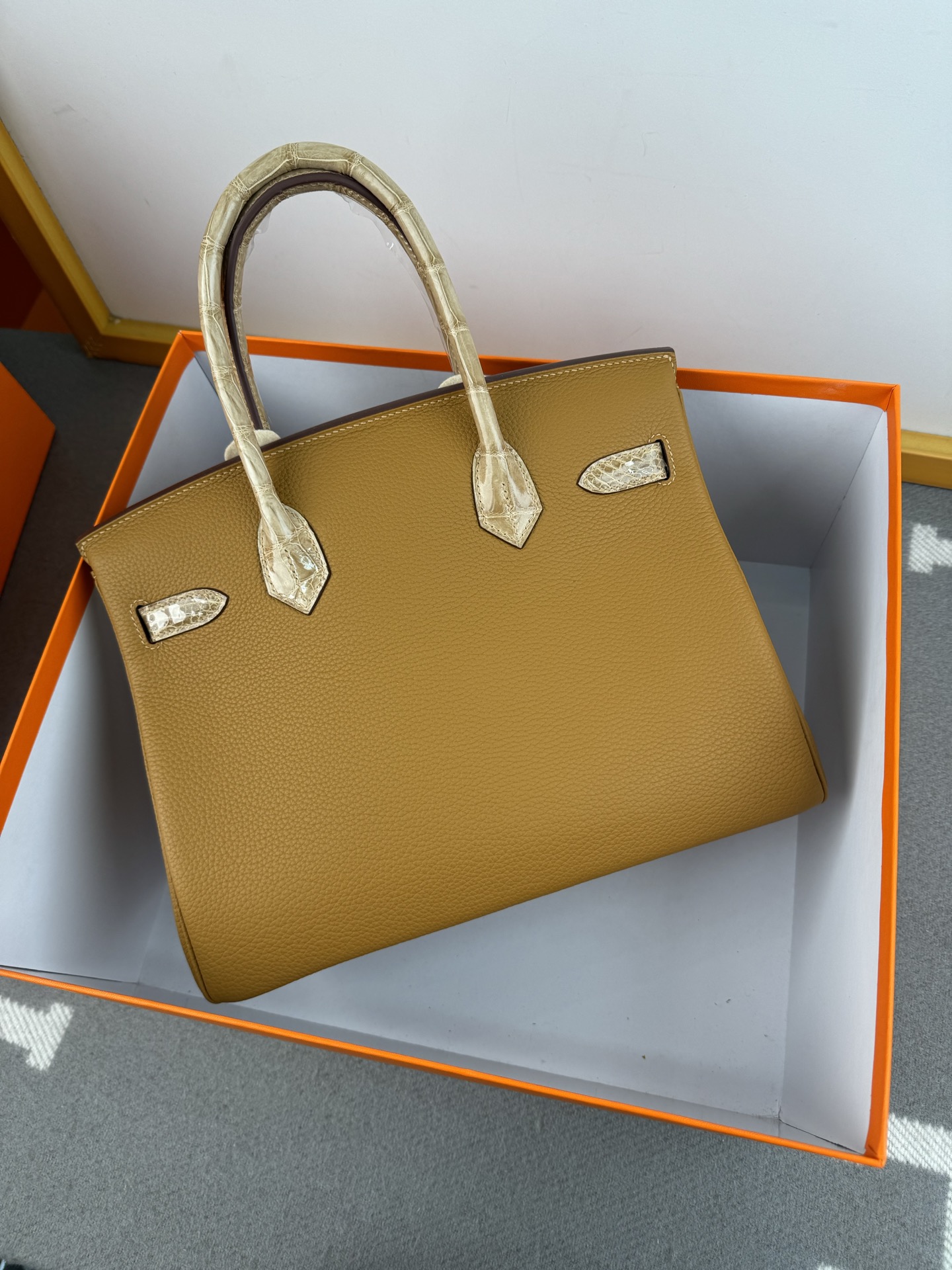 Birkin 30cm Touch Togo Leather with Shiny Crocodile in Dust Color, Silver Hardware 4 i1739700779611 4857 0 2