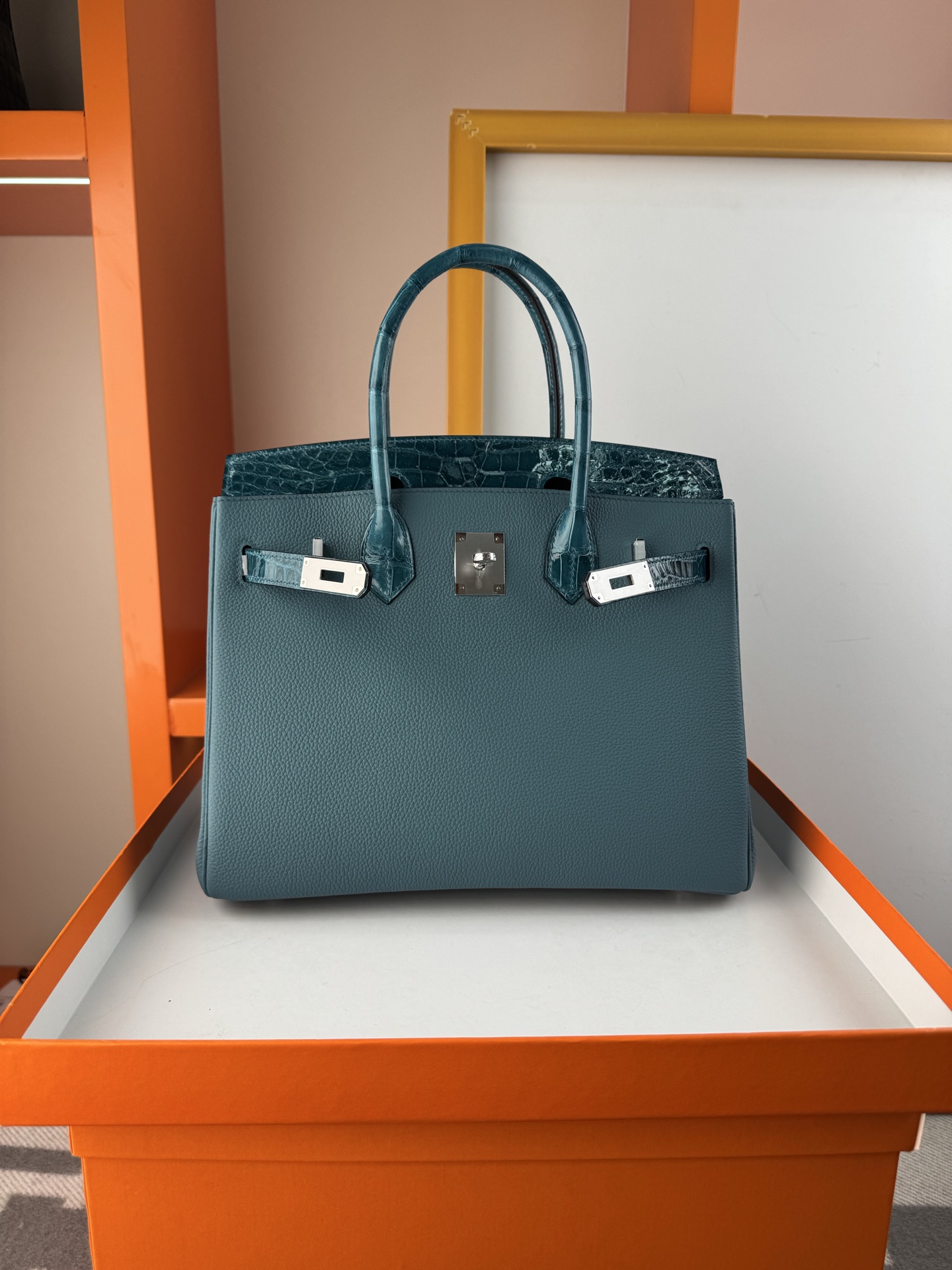 Birkin 30cm Touch Togo Leather & Alligator Handbag - Denim Blue, Silver Hardware 10 i1747724397196 5496 0 8