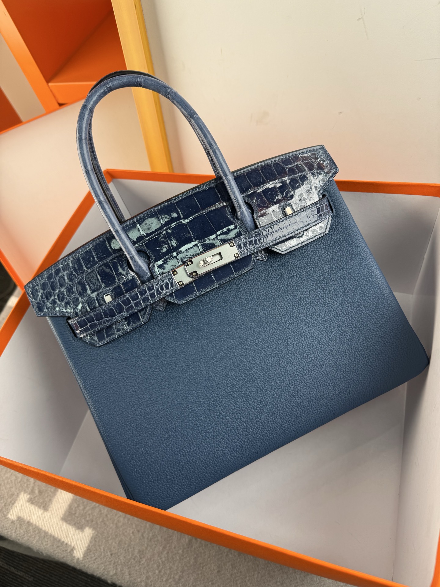 Luxury Birkin 30cm Touch Bag: Togo Leather & Crocodile, Sapphire Blue, Silver Hardware 10 i1747895641480 4878 0 8
