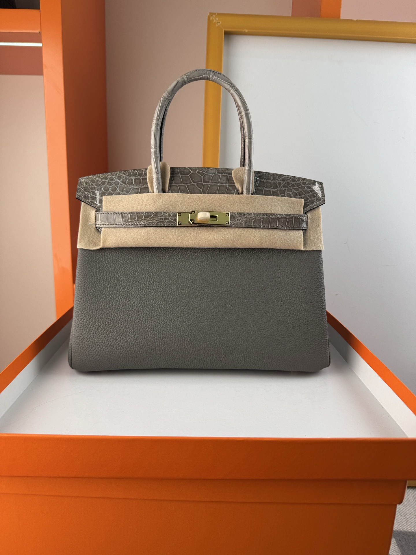 Birkin 30cm Touch Togo Leather & Crocodile Handbag - Elephant Gray, Gold Hardware 2 i1747900871196 8839 0 0