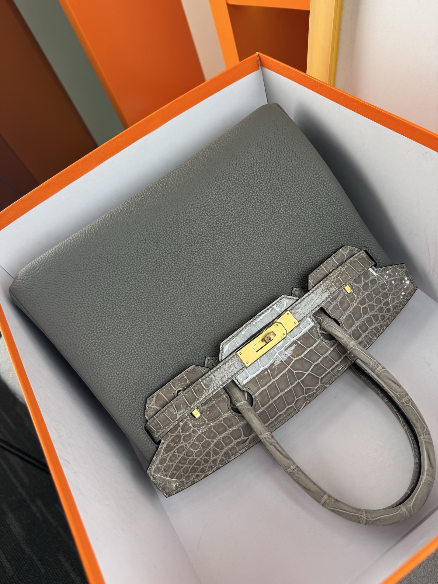 Birkin 30cm Touch Togo Leather & Crocodile Handbag - Elephant Gray, Gold Hardware 10 i1747900879667 8445 0 8