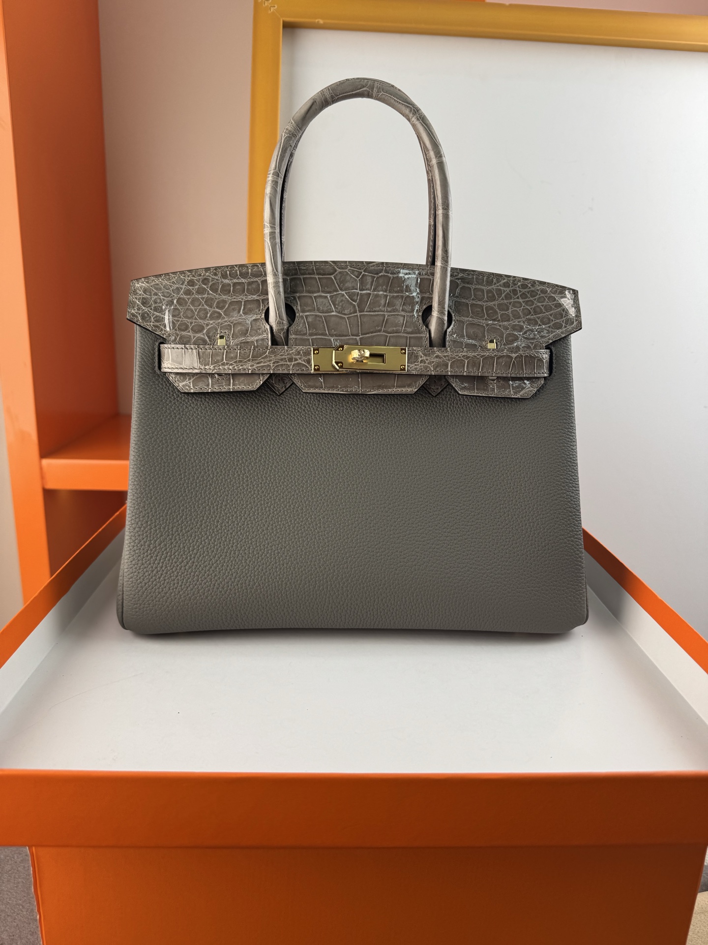 Birkin 30cm Touch Togo Leather & Crocodile Handbag - Elephant Gray, Gold Hardware 7 i1747900879679 3430 0 5
