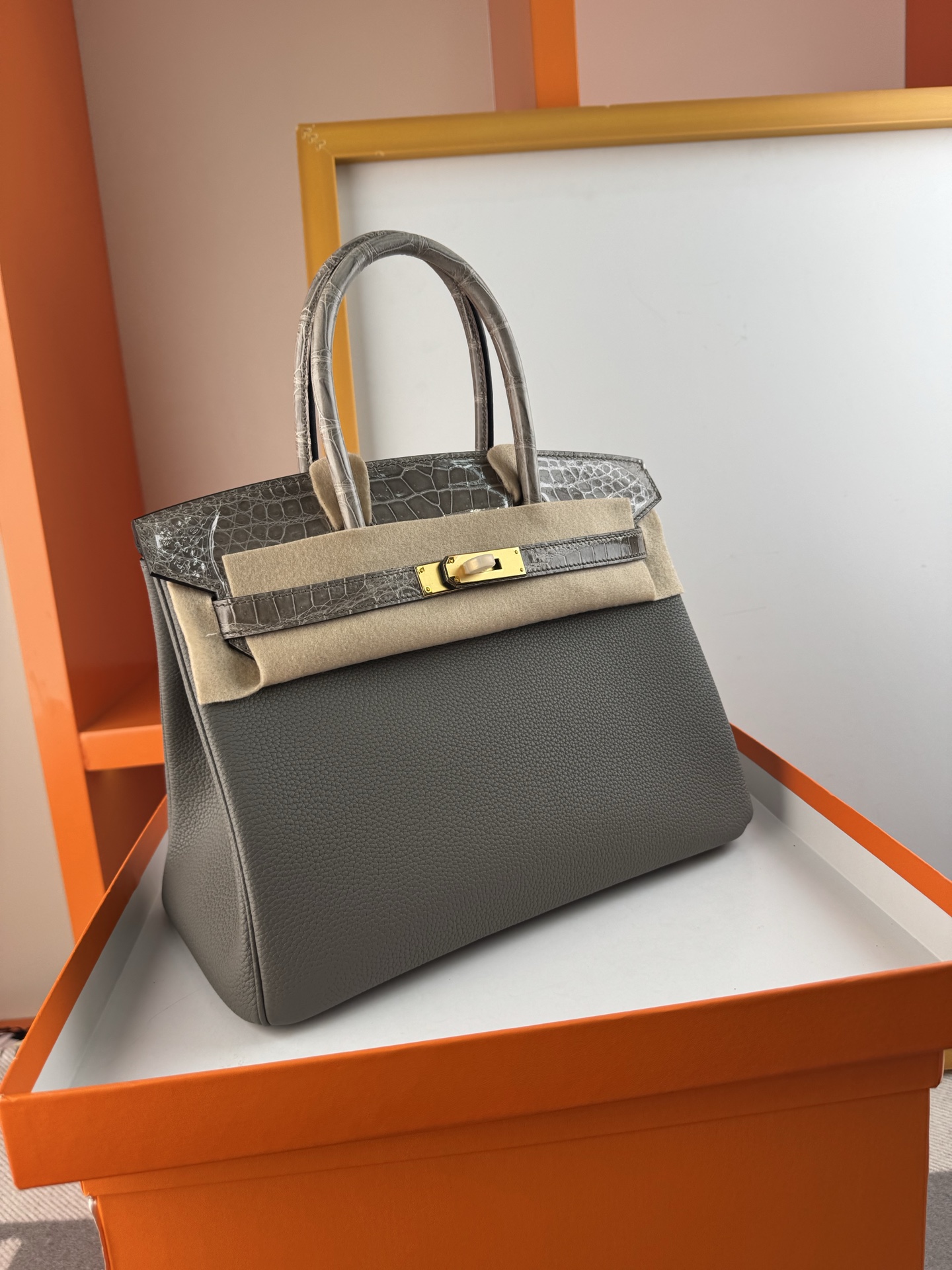 Birkin 30cm Touch Togo Leather & Crocodile Handbag - Elephant Gray, Gold Hardware 4 i1747900879728 8684 0 2