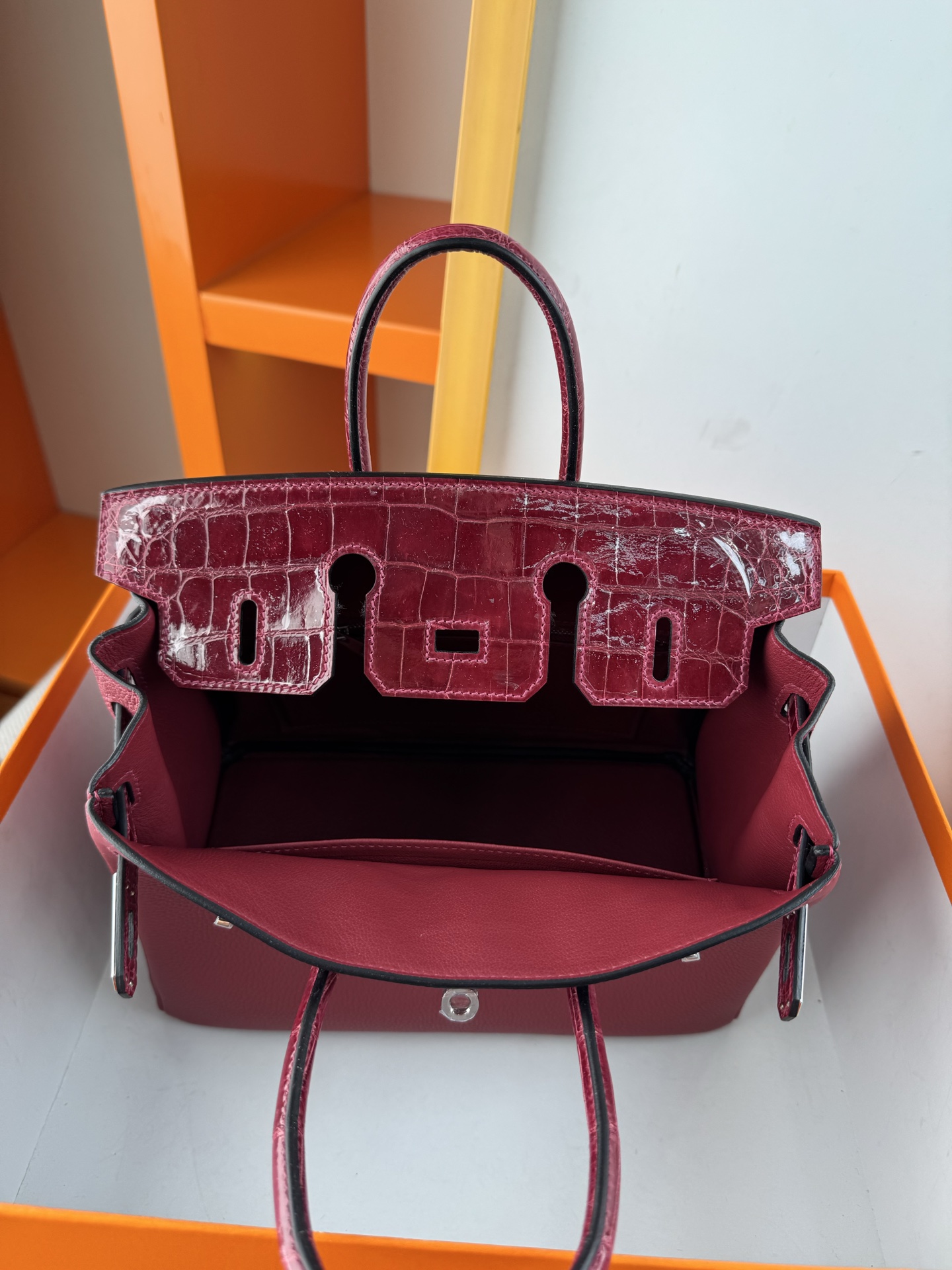 Birkin 25cm Touch Burgundy Togo Leather and Shiny Alligator with Silver Hardware 9 i1747987905323 8919 0 8