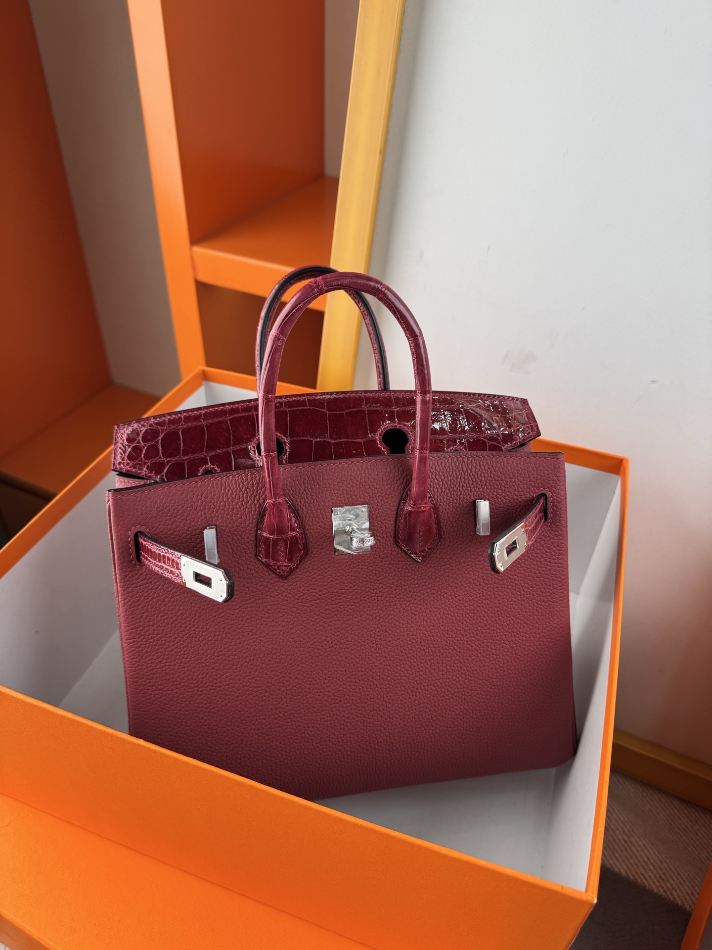 Birkin 25cm Touch Burgundy Togo Leather and Shiny Alligator with Silver Hardware 10 i1747987905405 2477 0 9